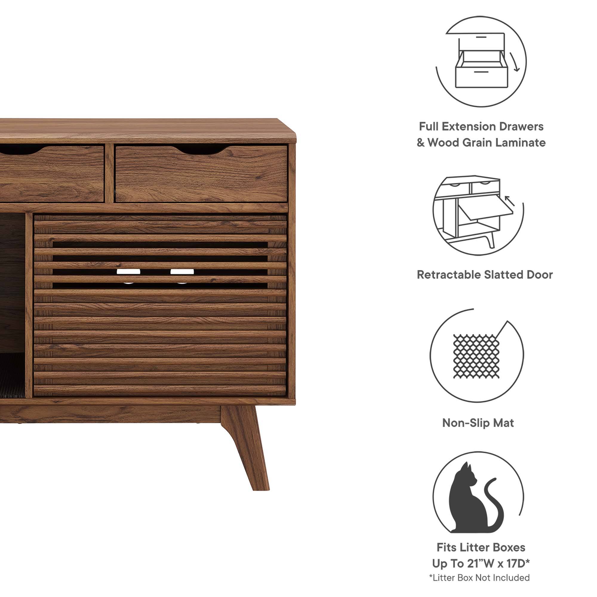 - Full Extension Drawers & Wood Grain Laminate
- Retractable Slatted Door
- Non-Slip Mat
- Fits Litter Boxes Up To 21"W x 17"D
- *Litter Box Not Included