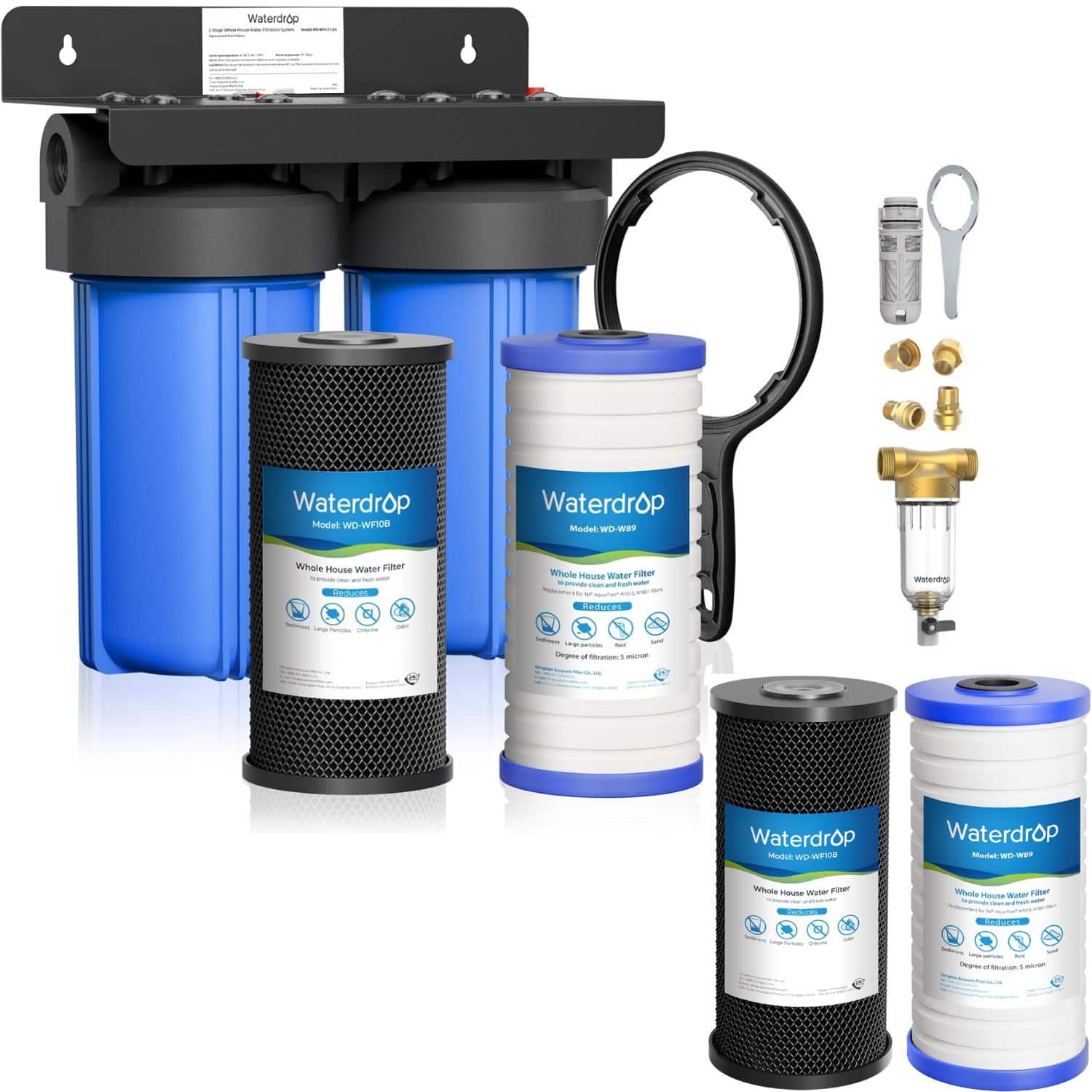 Waterdrop - WD-WHF21-BG 2 Stage Whole House Water Filter System, with Carbon Filter and Sediment Filter Extra WD-RPFK Filters - Blue