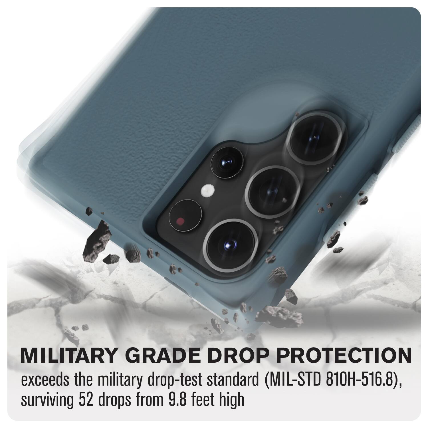 MILITARY GRADE DROP PROTECTION exceeds the military drop-test standard (MIL-STD 810H-516.8), surviving 52 drops from 9.8 feet high