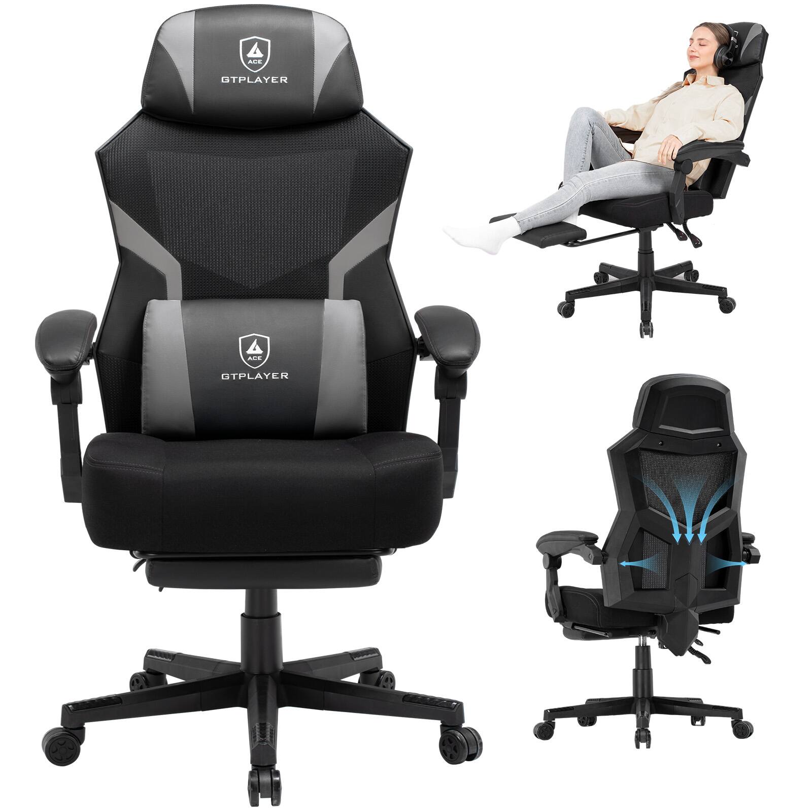GTPlayer - Gaming Chair with Wider Cushion Breathable Mesh Computer Office Chair - Gray