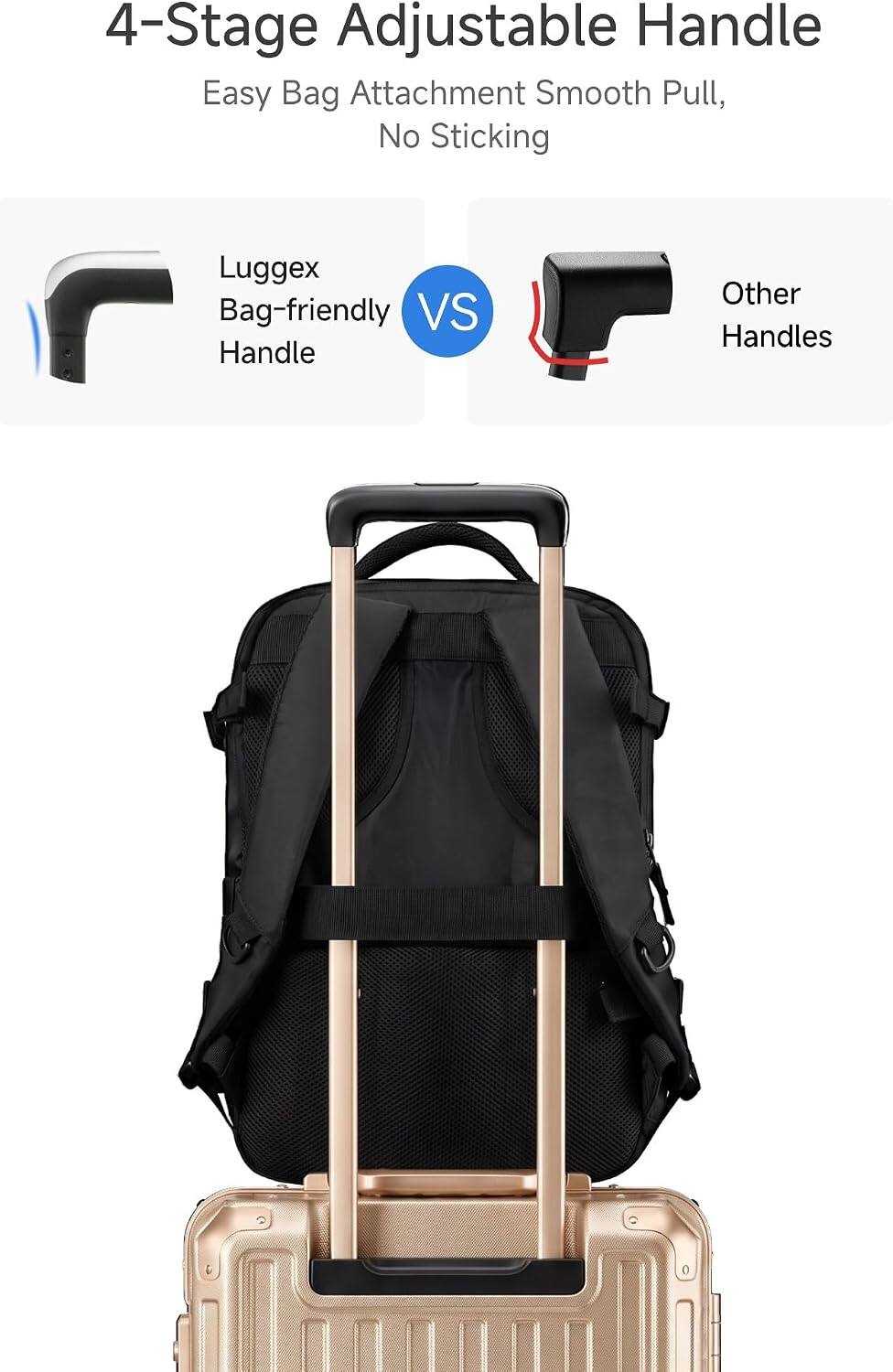 4-Stage Adjustable Handle  
Easy Bag Attachment Smooth Pull, No Sticking  

Luggex Bag-friendly Handle  
VS  
Other Handles