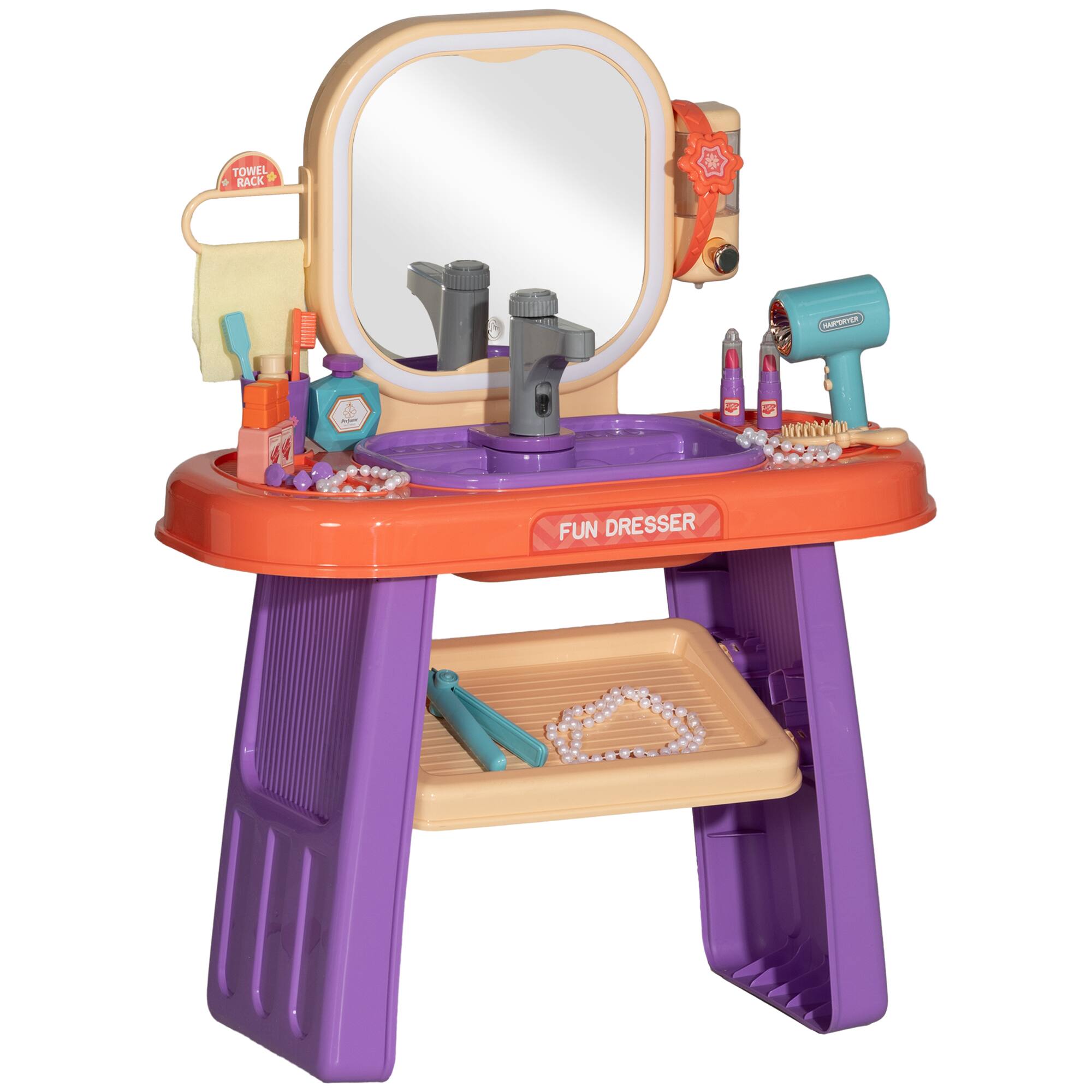 APRILSOUL - Kids Vanity Set Toddler Makeup Table with Faucet Mirror LED Light Music 23 Accessories for Girls 3-6 Years Purple