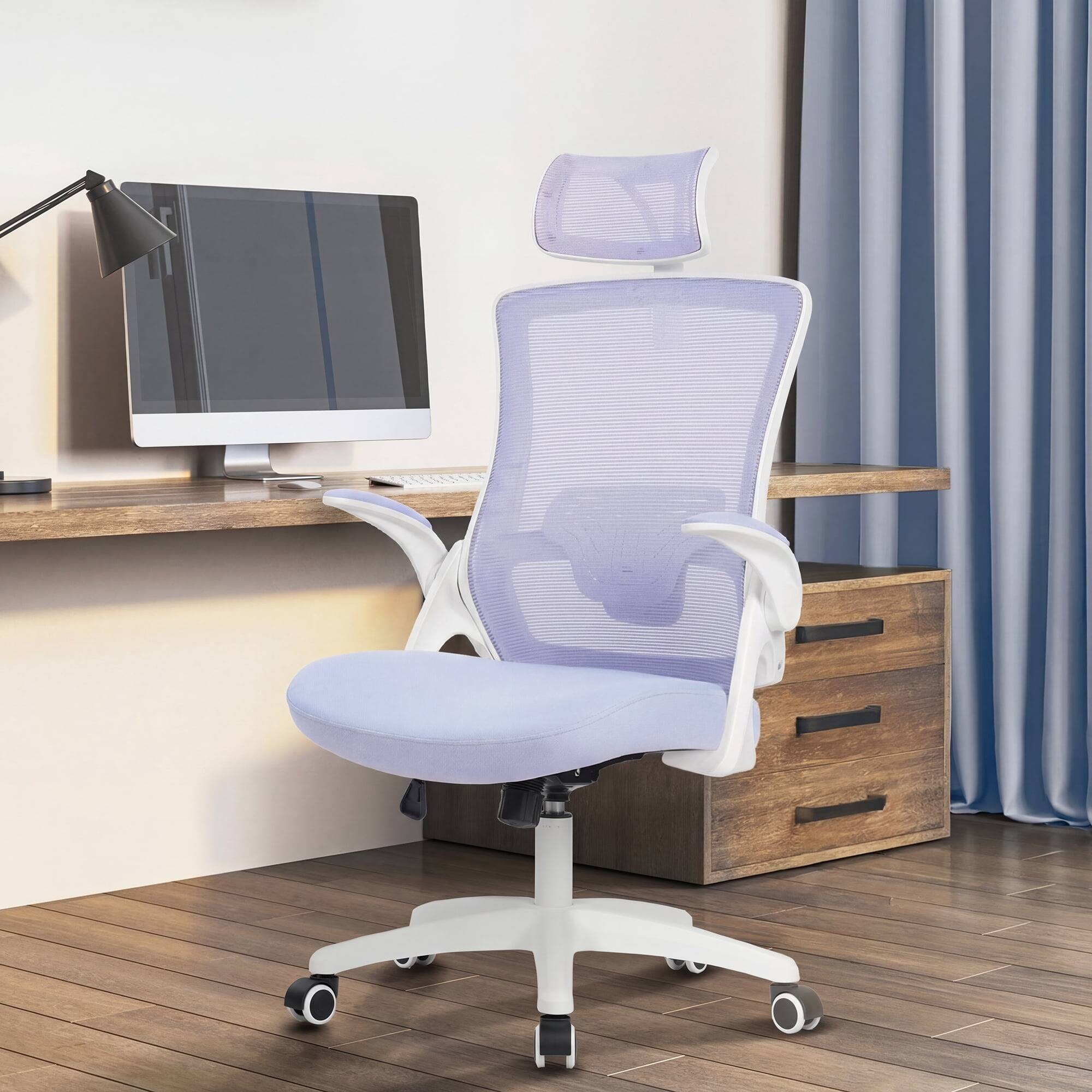 Back. Neo Chair - Office Desk Chair Computer High Back Support Mesh Comfy Adjustable Ergonomic Headrest Lumbar Rolling Flip-up Armrests - Plastic Base-Purple.