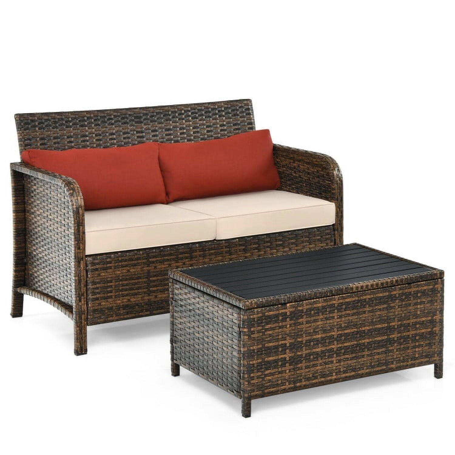 Left. Kadyn - 2 Pieces Cushioned Patio Rattan Furniture Set with Coffee Table and Washable Cushion for Yard Porch-Red - Red.