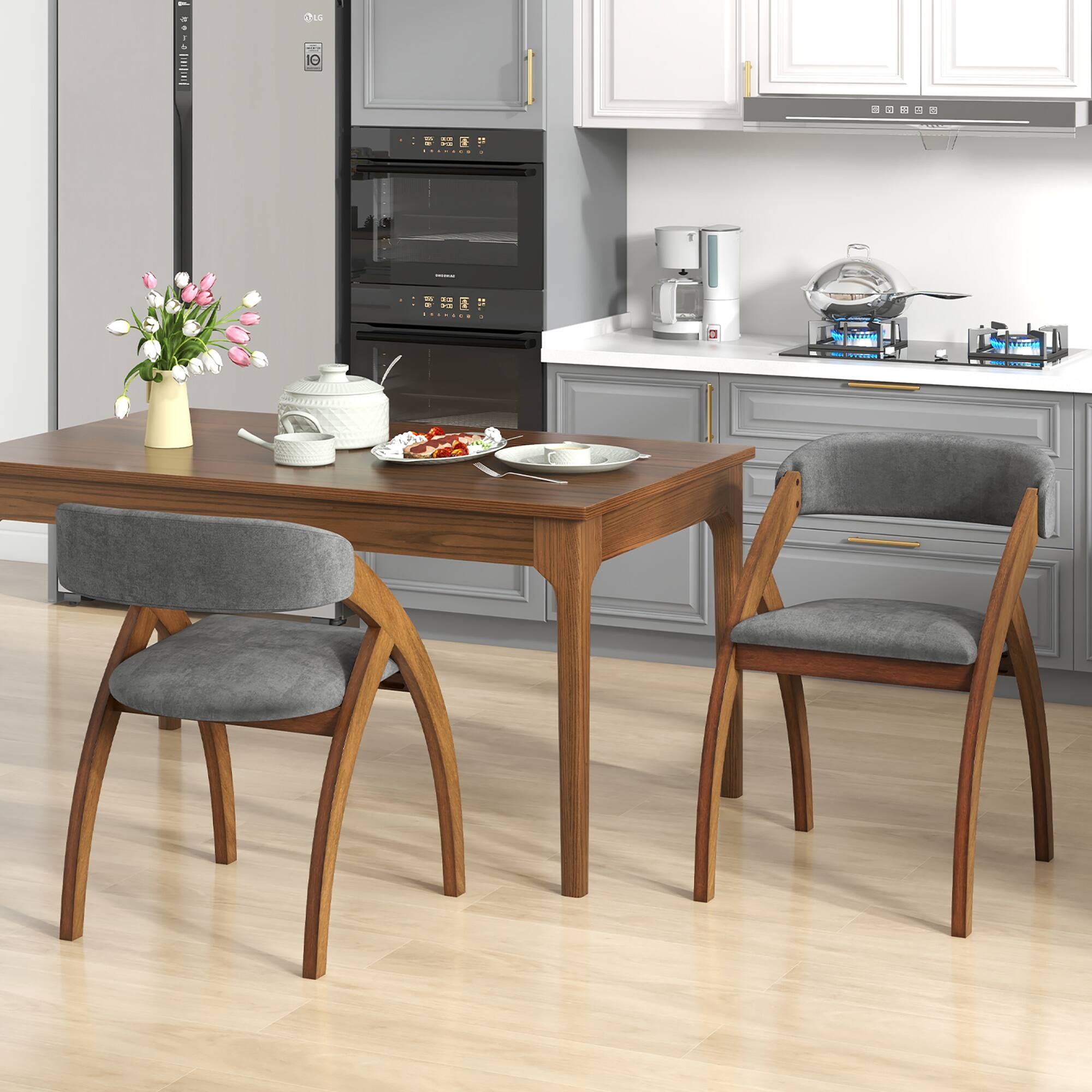 Alt View 1. Gymax - Gymax Dining Chair Set of 2 w/ Padded Cushion Curved Back Arched Rubber Wood Legs - Walnut, Gray.