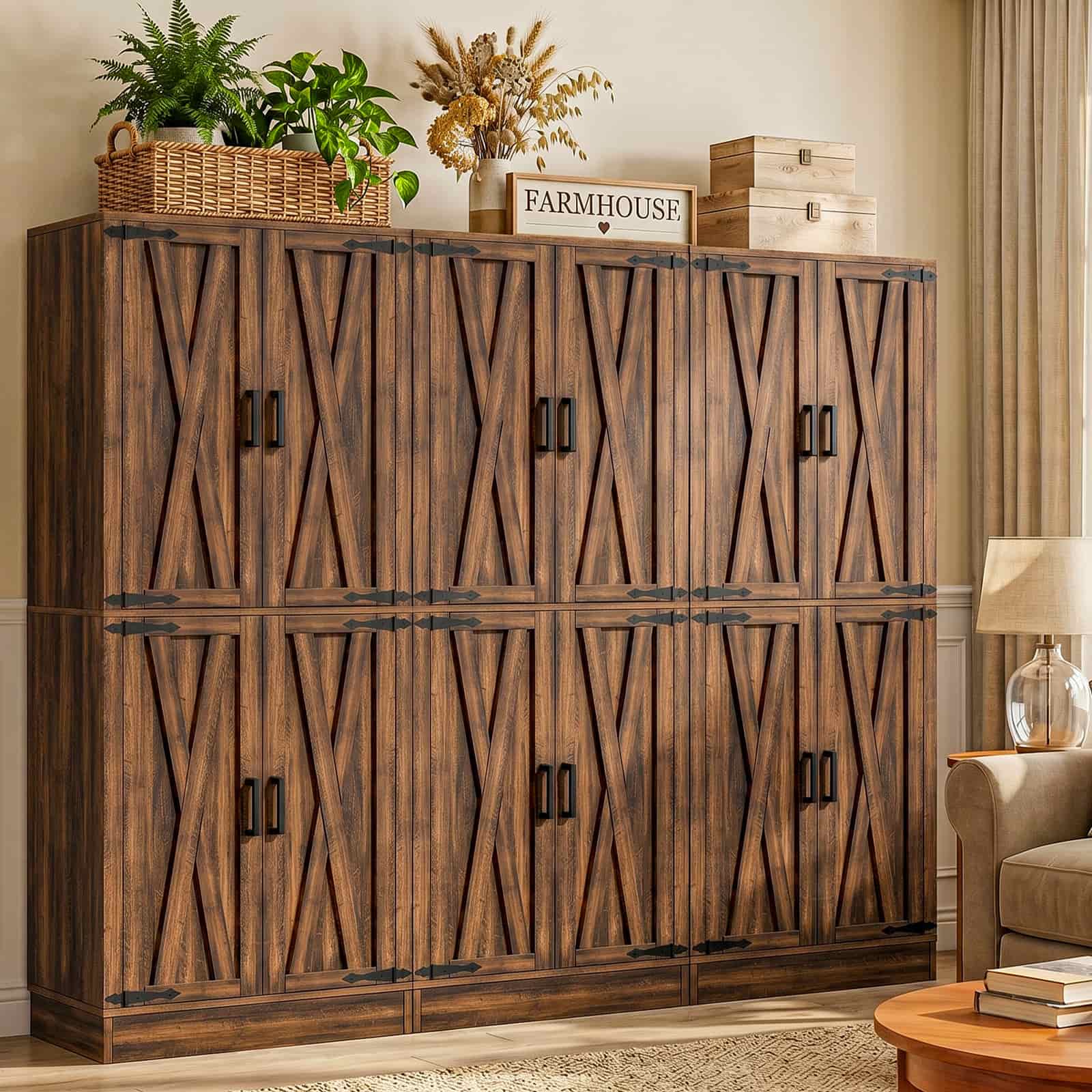 Alt View 2. Aheaplus - 71'' Tall 4 Door Farmhouse Pantry Cabinet with Drawer and Adjustable Shelves, 70.8'' Width Food Cupboard, 3 Packs - Retro Brown.
