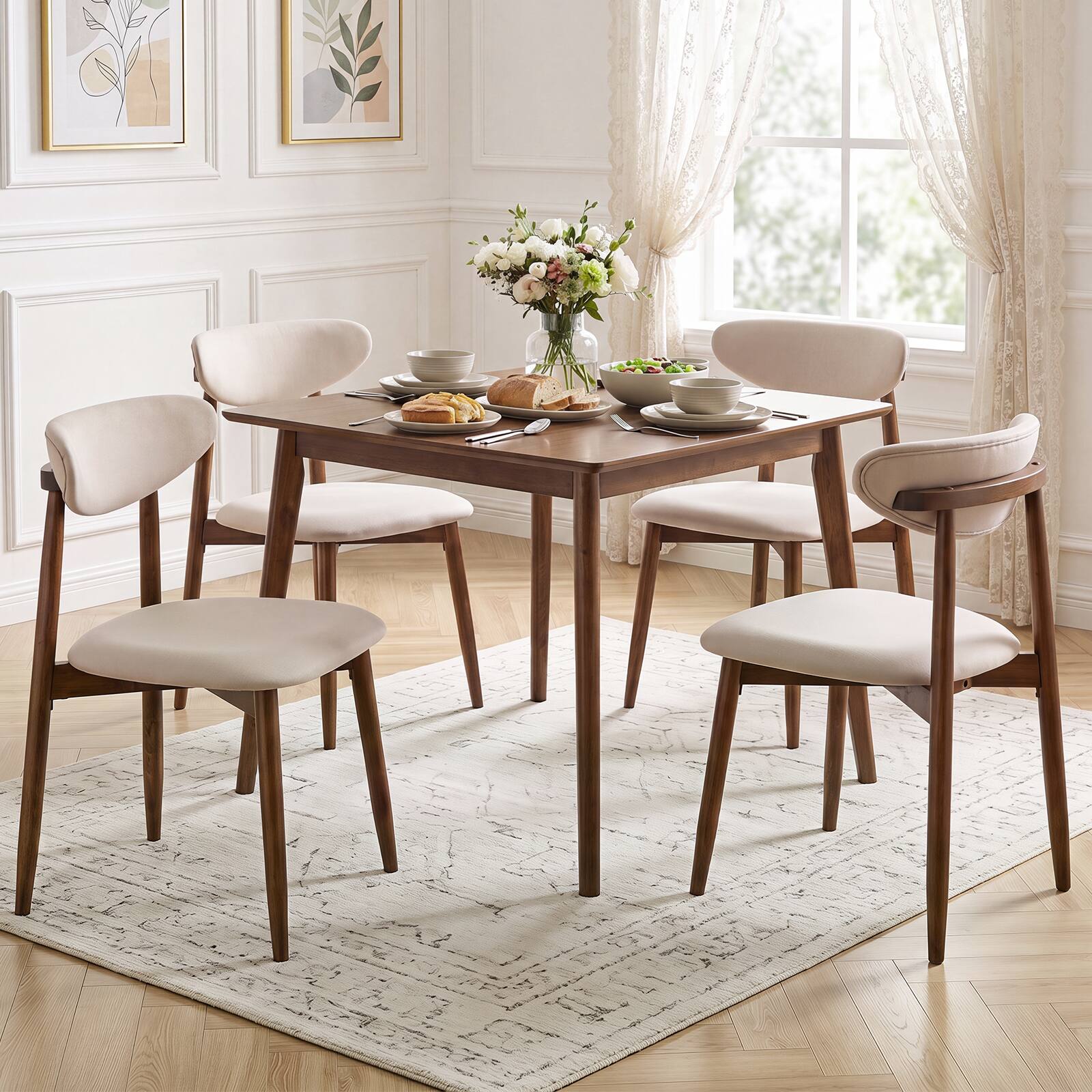 Alt View 1. Costway - Costway 4 PCS Dining Chairs Fabric Upholstered Kitchen Chairs with Curved Backs Padded Seats - Beige + Walnut.