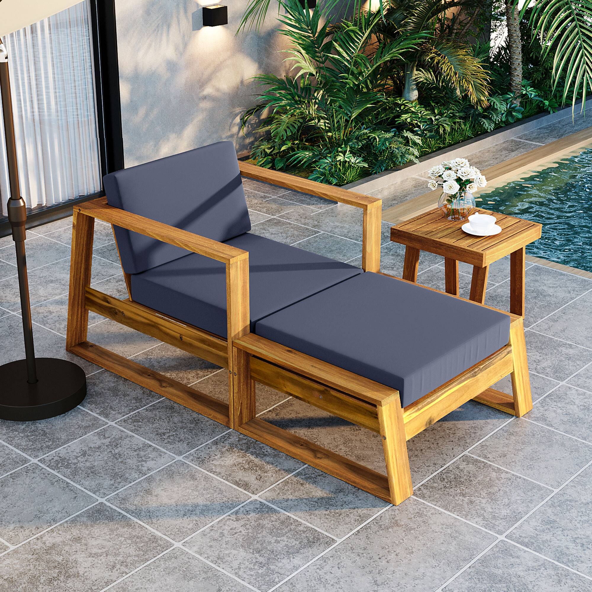 Angle. Siljoy - Acacia Wood Outdoor Lounge Set Chair & Ottoman Removable Cushions, All-Weather Chaise Daybed for Patio - Natural+Grey.