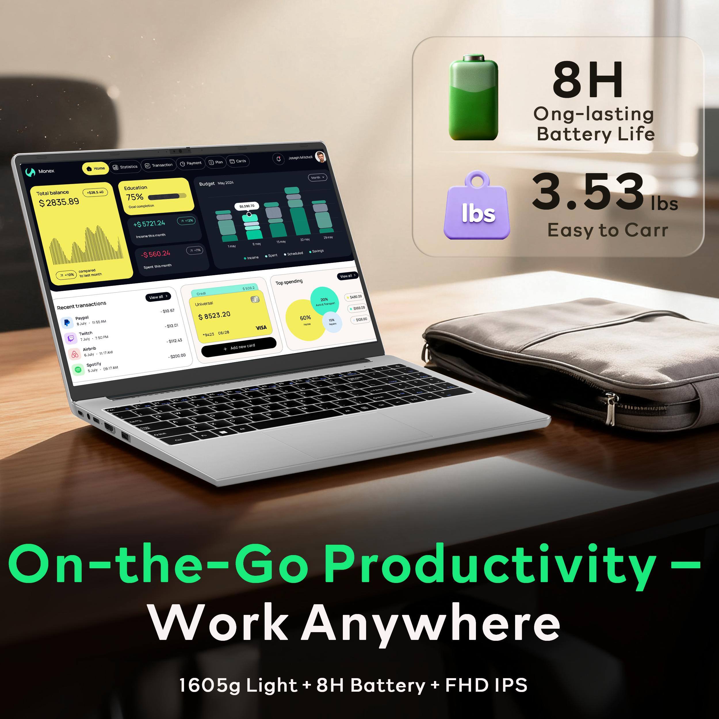 - 5 nauum - - -  MAUIE Budget - Siacaton T TAn . 75% $2835.89 - - -. +5572124 - 34   -9560.24 - - i -- - Supde V - V - taiarsians -r -com -/C - S 8523.20 60% - - -.. N WsS Tutn TSt 1 Ta 15  ws -.- STA - Spuiy S S - -T - 8H Ong-lasting Battery Life 3.53 lbs lbs Easy to Carry 1 1 On-the-Go Productivity - Work Anywhere 1605g Light + 8H Battery + FHD IPS
