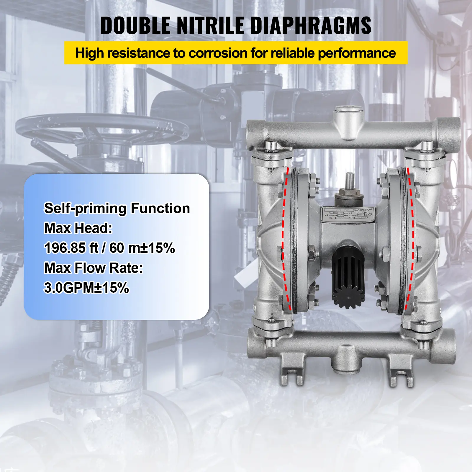 DOUBLE NITRILE DIAPHRAGMS  
High resistance to corrosion for reliable performance  

Self-priming Function  
Max Head: 196.85 ft / 60 m ±15%  
Max Flow Rate: 3.0GPM ±15%