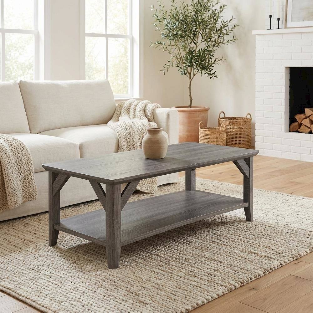 Back. FurniFact - Gray Coffee Table with Shelf and Sturdy Frame for Living Room Storage Surface - Weathered Gray.