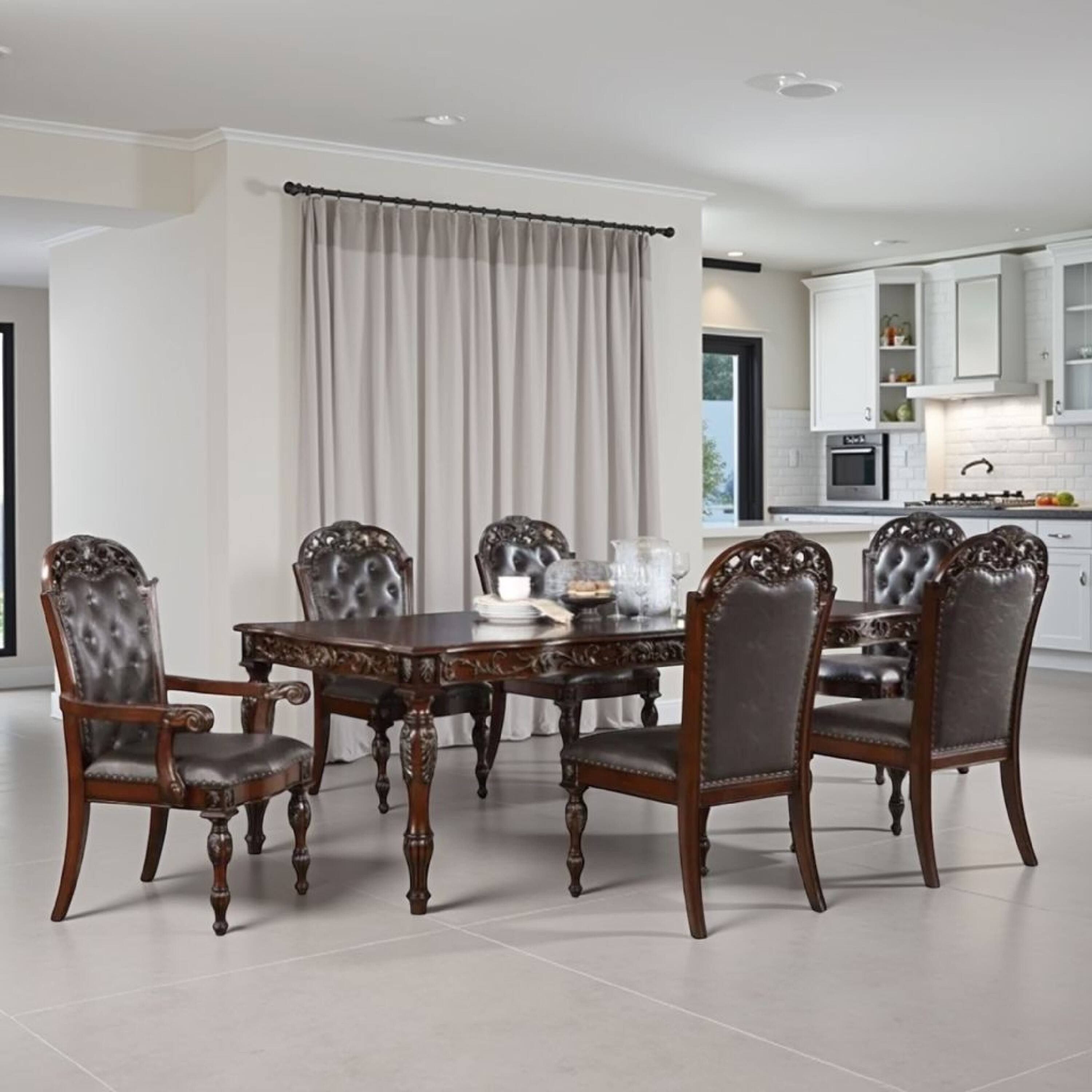 Alt View 5. Manhattan Lane - Eva 7pc Dining Table and Chair Set, Brown Faux Leather, 72-93 Inch - Cherry Brown.