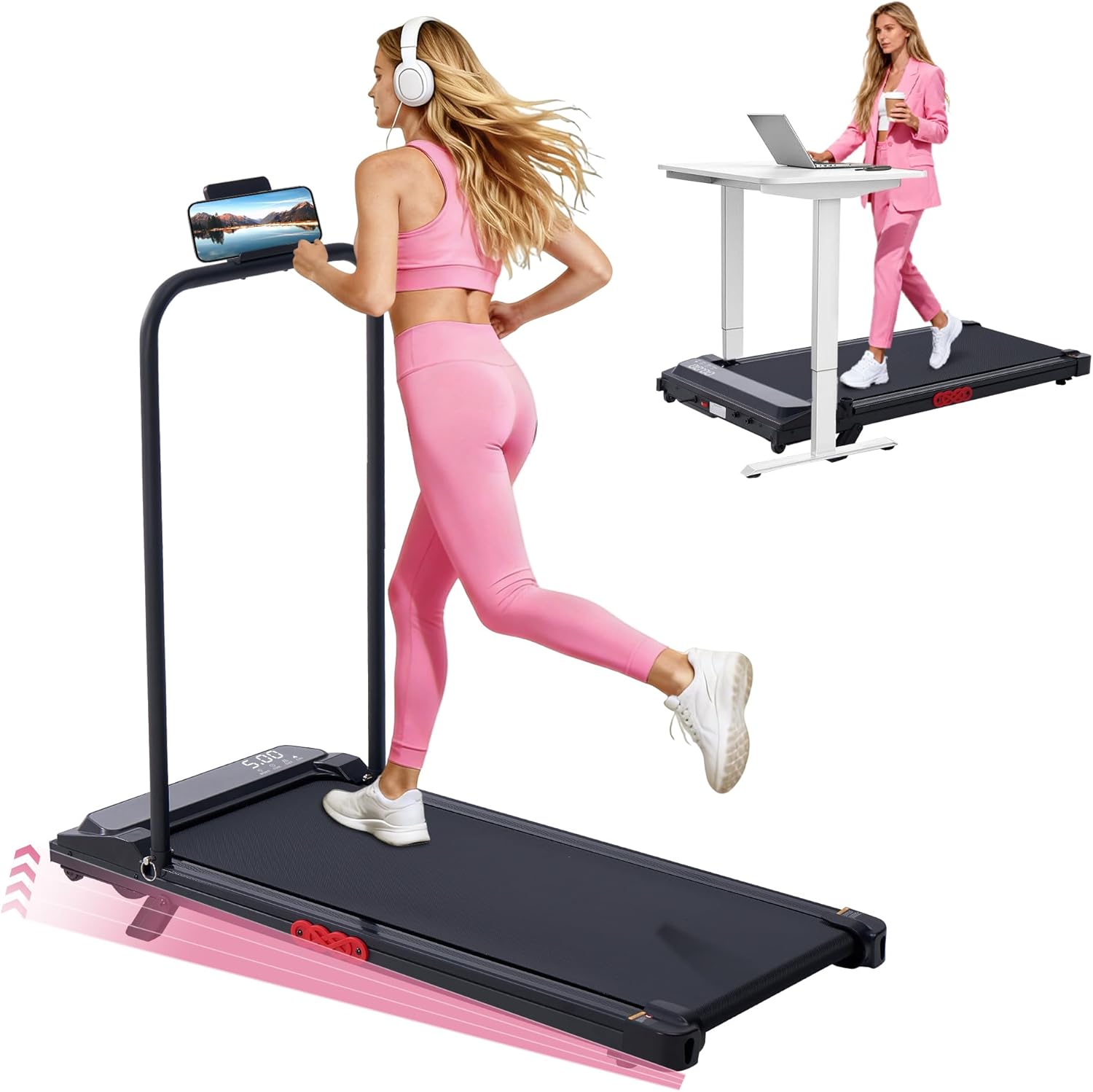 Front. Core Tech - Walking Pad Treadmill with Incline and Handle Bar, 3.0HP Portable Under Desk Treadmill, 0.6-7.6 MPH, LED Display, 350 lb - Black.