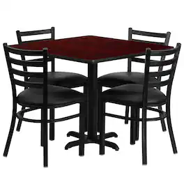 Flash Furniture - Carlton 36'' Square Mahogany Laminate Table Set with X-Base and 4 Ladder Back Metal Chairs - Vinyl Seat - Black