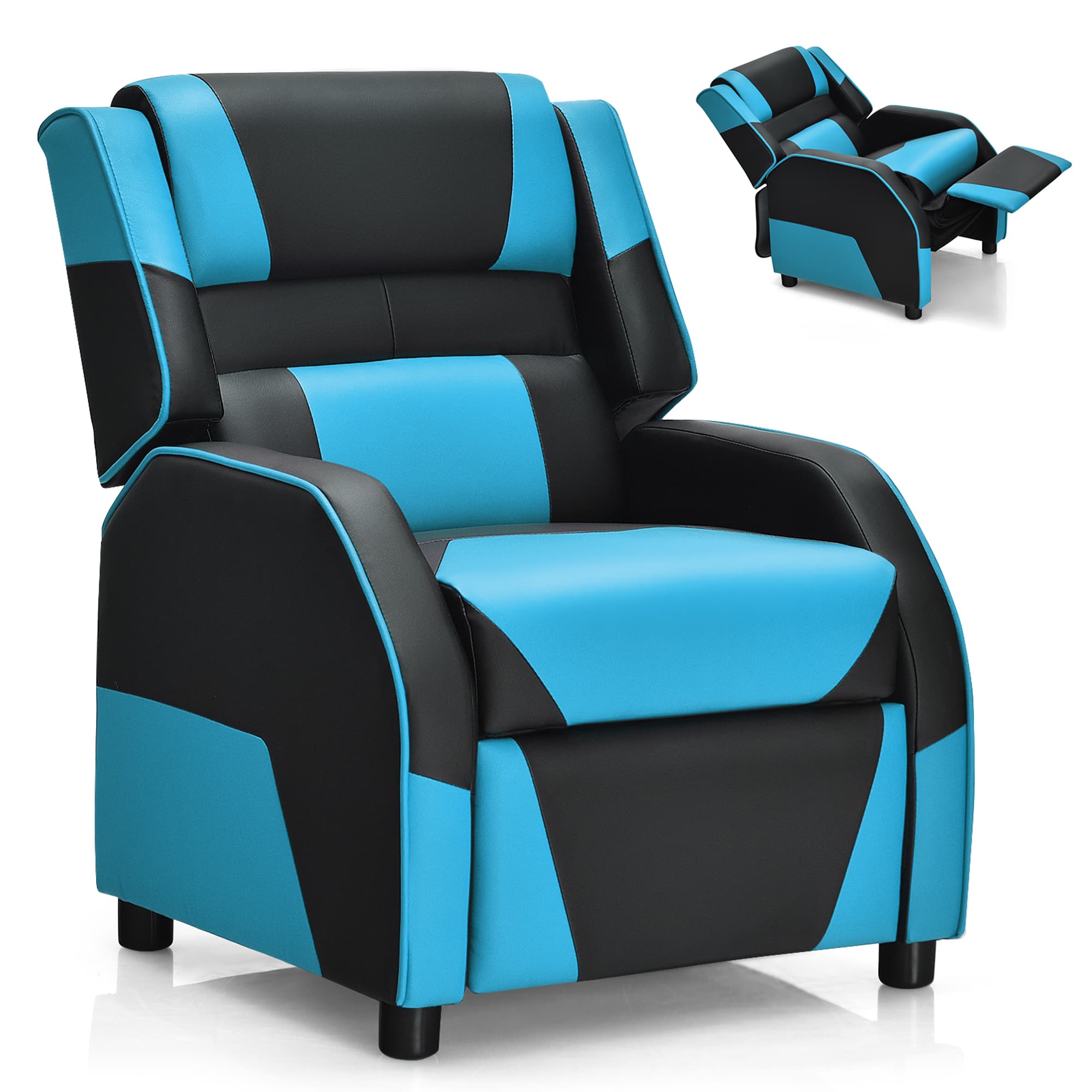 Gymax - Gaming Recliner Sofa PU Leather Armchair for Kids Youth w/ Footrest Blue - Blue