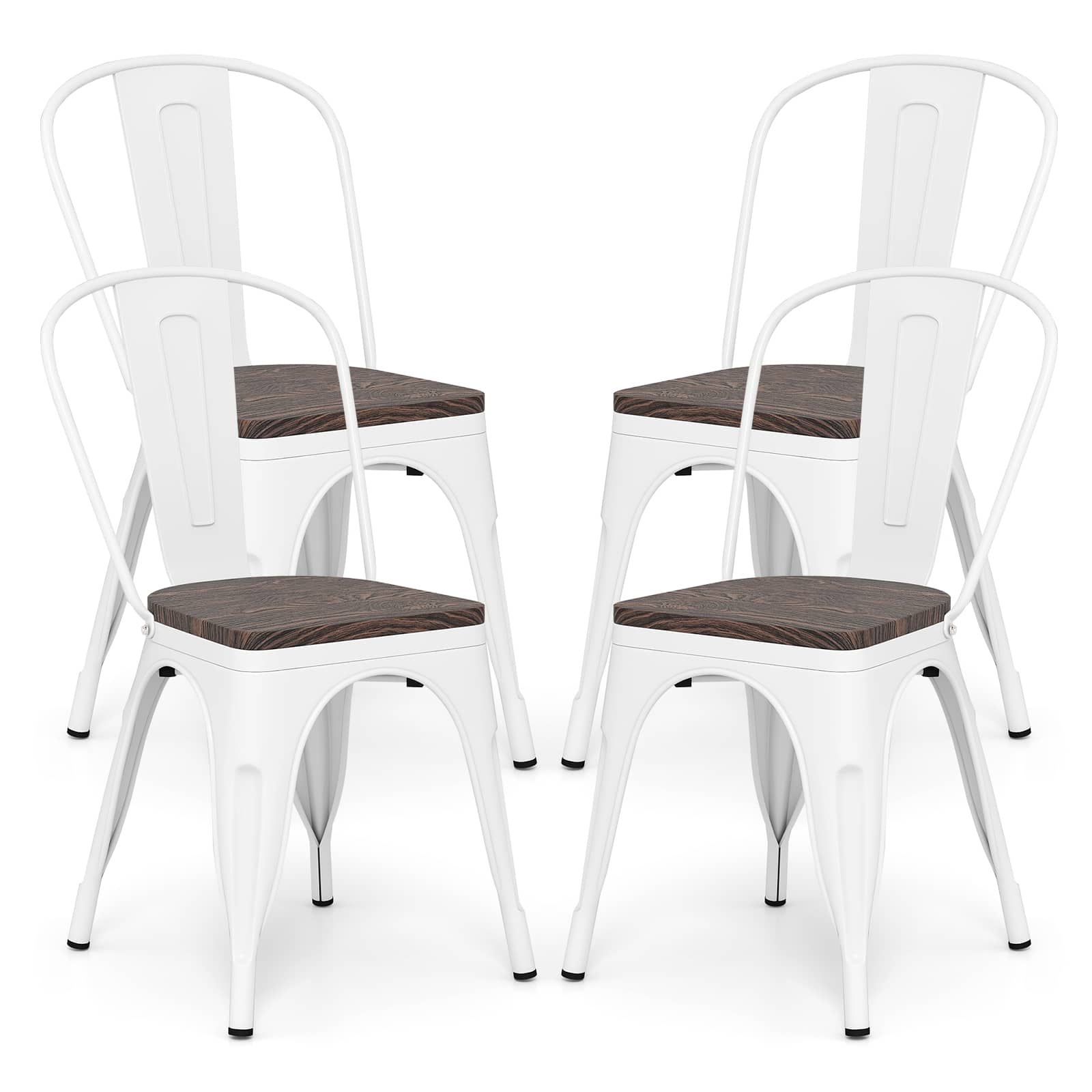 Gymax - Tolix Style Metal Dining Chairs Set of 4 w/Wood Seat & Removable Backrest - White