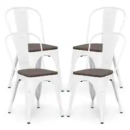 Gymax - Tolix Style Metal Dining Chairs Set of 4 w/Wood Seat & Removable Backrest - White