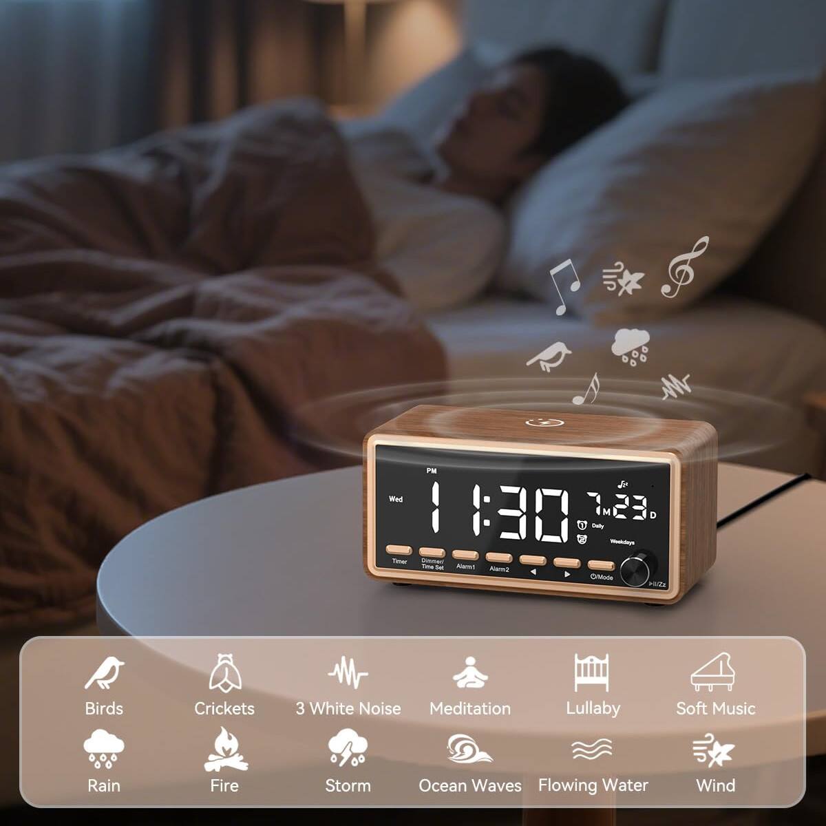 Sure, here is the corrected and grouped text:

- **Timer FM**
- **130 T23 D**
- **0 Daily -n -i Sma - Alant Alem2 Ciatode PRCZE**
- **Birds**
- **Crickets**
- **3 White Noise**
- **Meditation**
- **Lullaby**
- **Soft Music**
- **Rain**
- **Fire**
- **Storm**
- **Ocean Waves**
- **Flowing Water**
- **Wind**