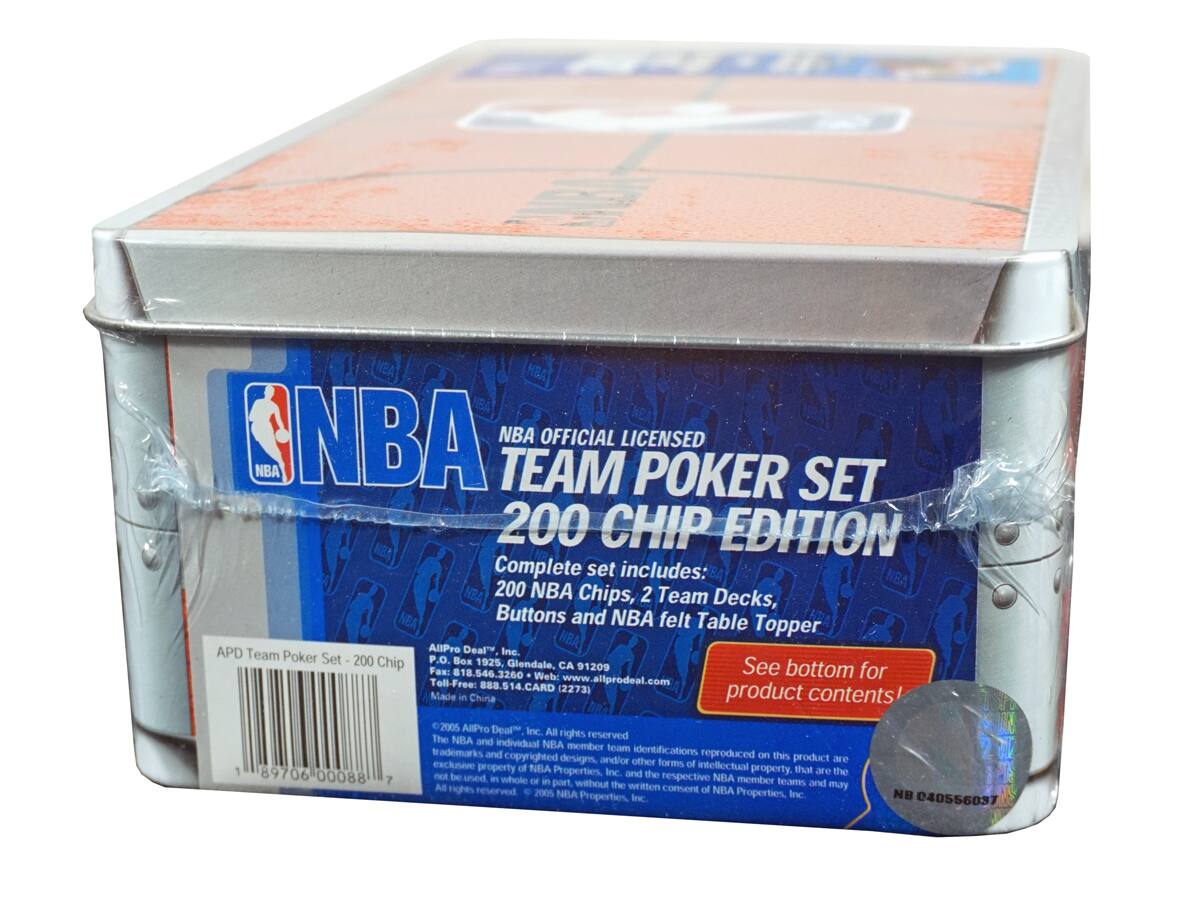 NBA OFFICIAL LICENSED  
TEAM POKER SET  
200 CHIP EDITION  

Complete set includes:  
200 NBA Chips, 2 Team Decks, NBA Buttons and NBA felt Table Topper  

APD Team Poker Set - 200 Chip Edition  

See bottom for product contents!  

Made in China  

AllPro Deal Inc.  
P.O. Box 1925  
Glendale, CA 91209  
Fax: 818.546.3260  
Web: www.allprodeal.com  
Toll-Free: 888.514.CARD (2273)  

©2005 AllPro Deal Inc. All rights reserved.  
The NBA and individual NBA member team identifications reproduced on this product are the exclusive property of NBA Properties, Inc. and may not be used in whole or in part without the written consent of NBA Properties, Inc.  

NBA 040556037  

89706 00088 7