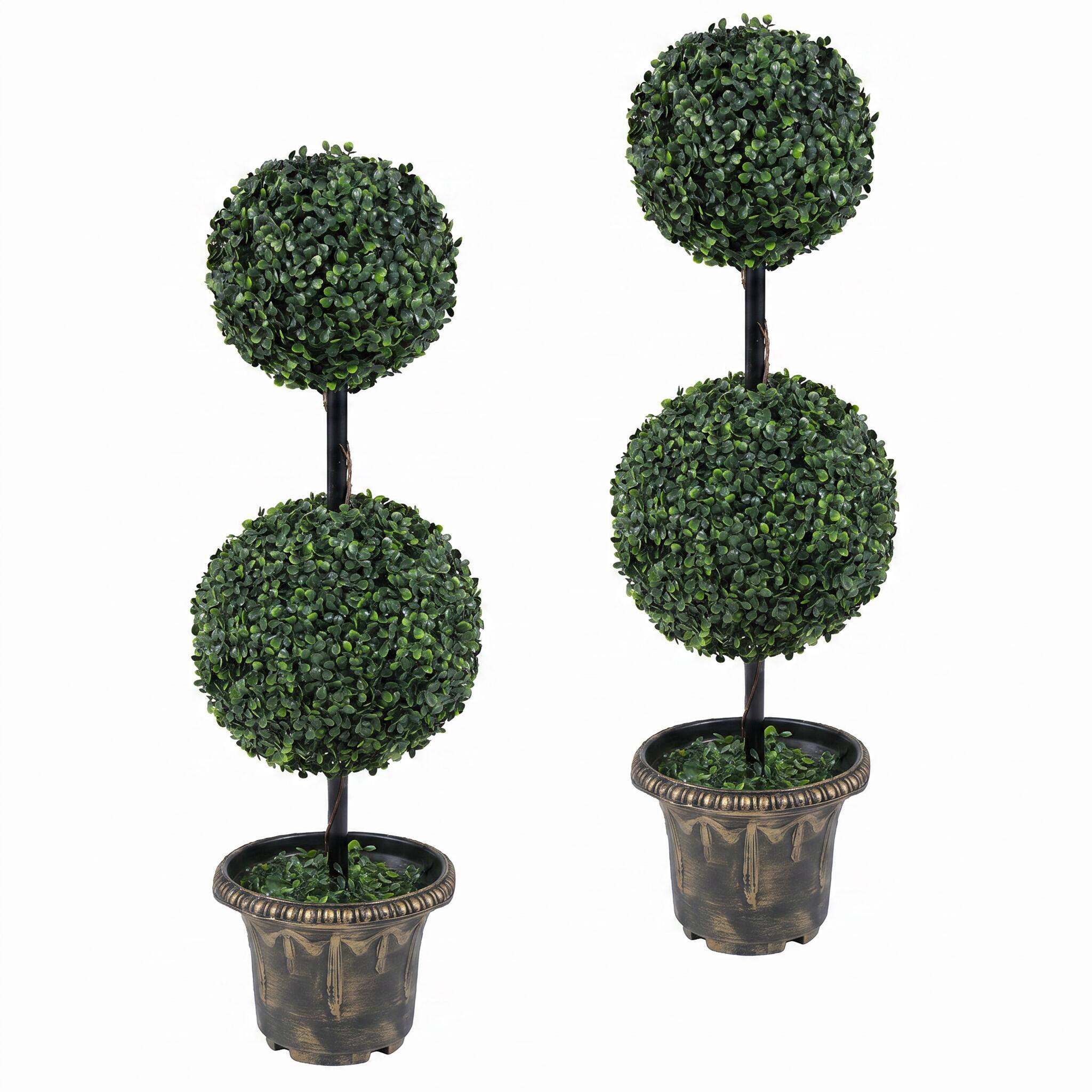 Front. Costway - Costway 2 PCS 3 FT Artificial Boxwood Topiary Tree, Sun-Protective Double Ball Shrubs - Green, Black, Golden.