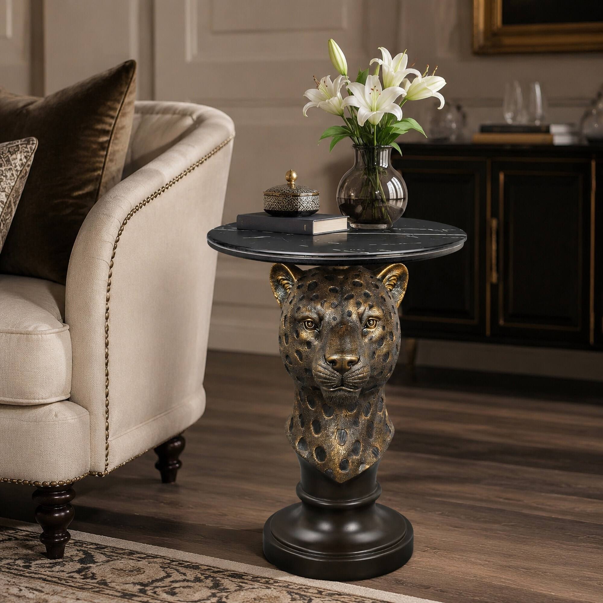 Angle. RYHNUYNE - Leopard Head Accent Table with Round Faux Marble Top for Living Room, Hallway, or Boutique Display - brown.