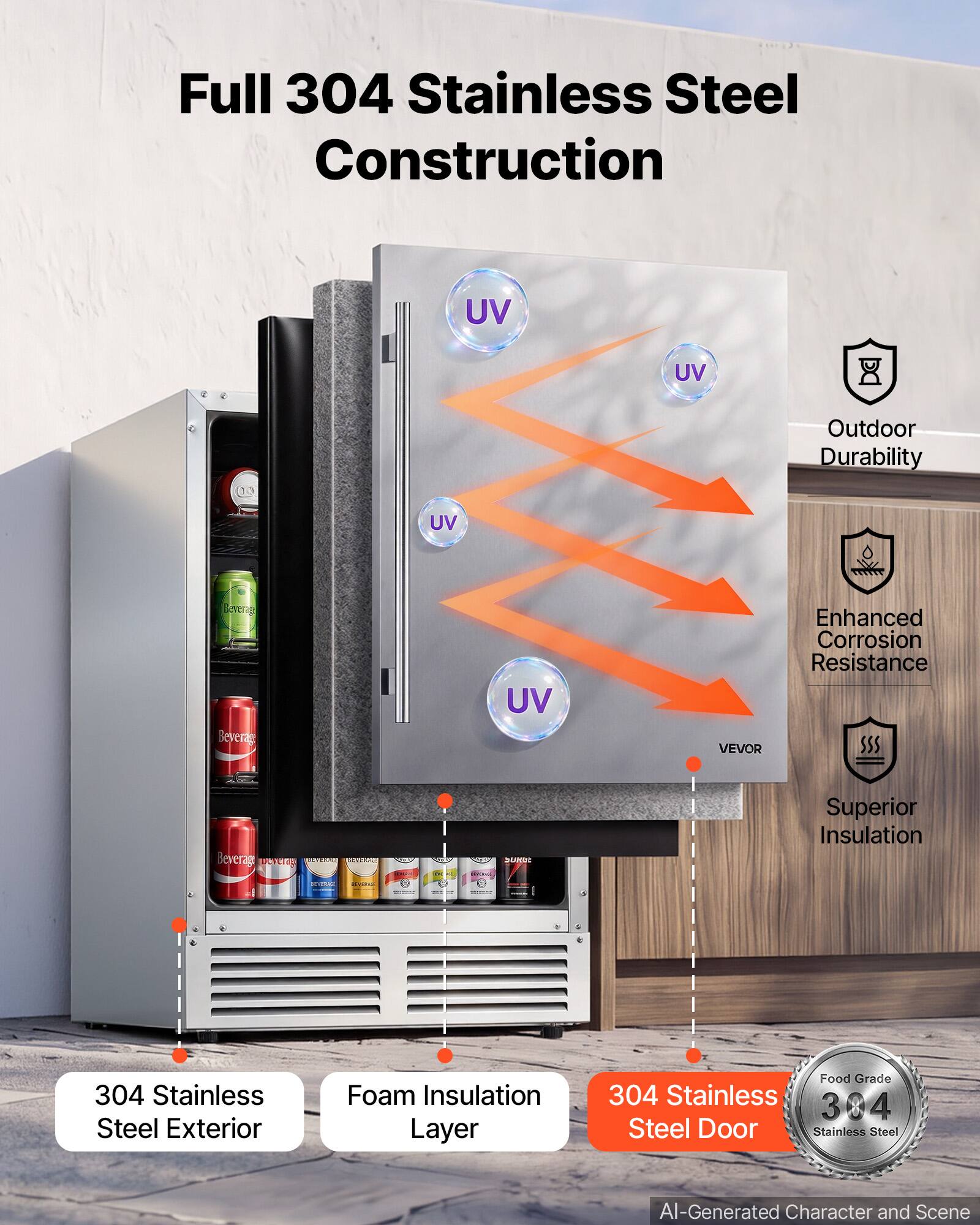 Full 304 Stainless Steel Construction

UV
UV
Outdoor Durability
UV
Beverage Beverage
UV
VEVOR
Enhanced Corrosion Resistance
Beverage 100 

2019 DIUSOC 
Superior Insulation
REVERALE
UOVENGE
304 Stainless Steel Exterior
Foam Insulation Layer
Food Grade 304 Stainless 304 Steel Door Stainless Steel
Al-Generated Character and Scene