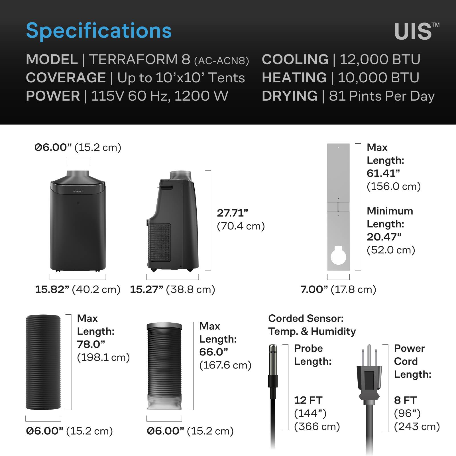 Specifications  
MODEL | TERRAFORM 8 (AC-ACN8)  
COVERAGE | Up to 10'x10' Tents  
POWER | 115V 60 Hz, 1200 W  
COOLING | 12,000 BTU  
HEATING | 10,000 BTU  
DRYING | 81 Pints Per Day  

06.00" (15.2 cm)  
27.71" (70.4 cm)  
15.82" (40.2 cm)  
15.27" (38.8 cm)  
7.00" (17.8 cm)  

Max Length: 61.41" (156.0 cm)  
Minimum Length: 20.47" (52.0 cm)  

Max Length: 78.0" (198.1 cm)  
Max Length: 66.0" (167.6 cm)  

Corded Sensor: Temp. & Humidity  
Probe Length: 12 FT (144