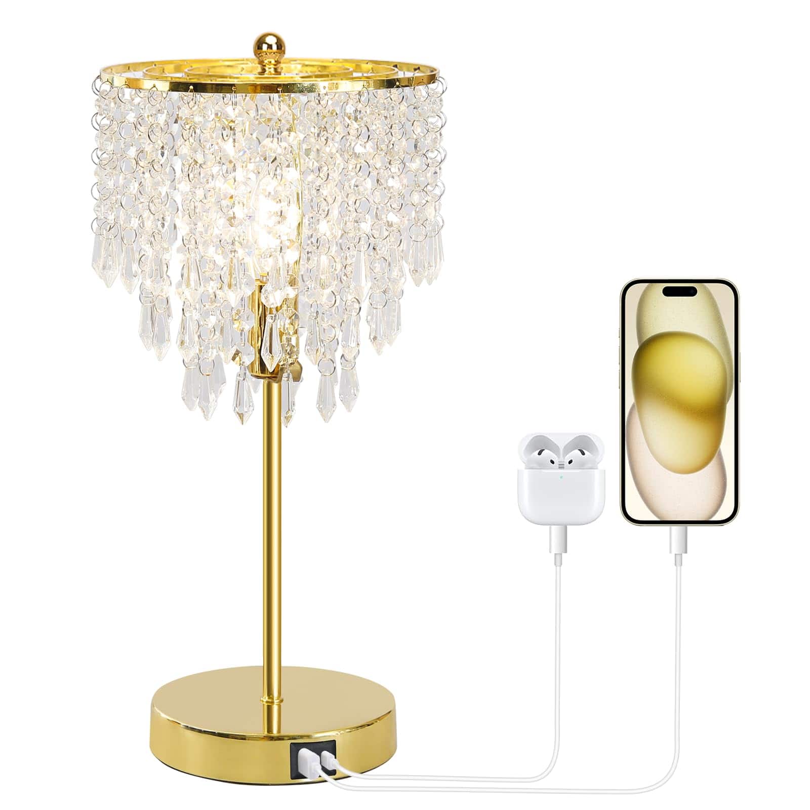 TECH SAFARI - Touch Control Crystal Table Lamp With Usb C a Ports way Dimmable Bedside Light Shade For Bedroom Living Ro - Gold