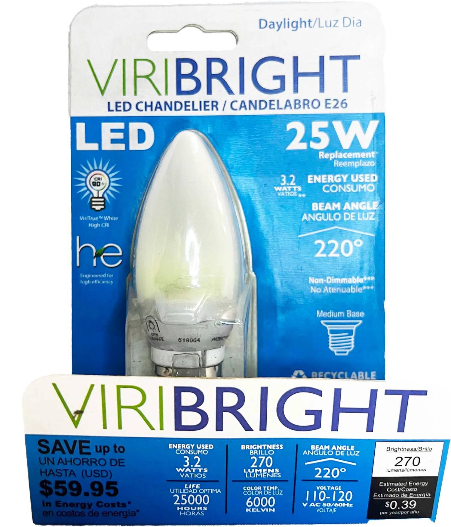 VIRIBRIGHT - High Efficiency, 90+ CRI, Candelabra LED Bulb, Frosted, 270 Lumens - 6000K