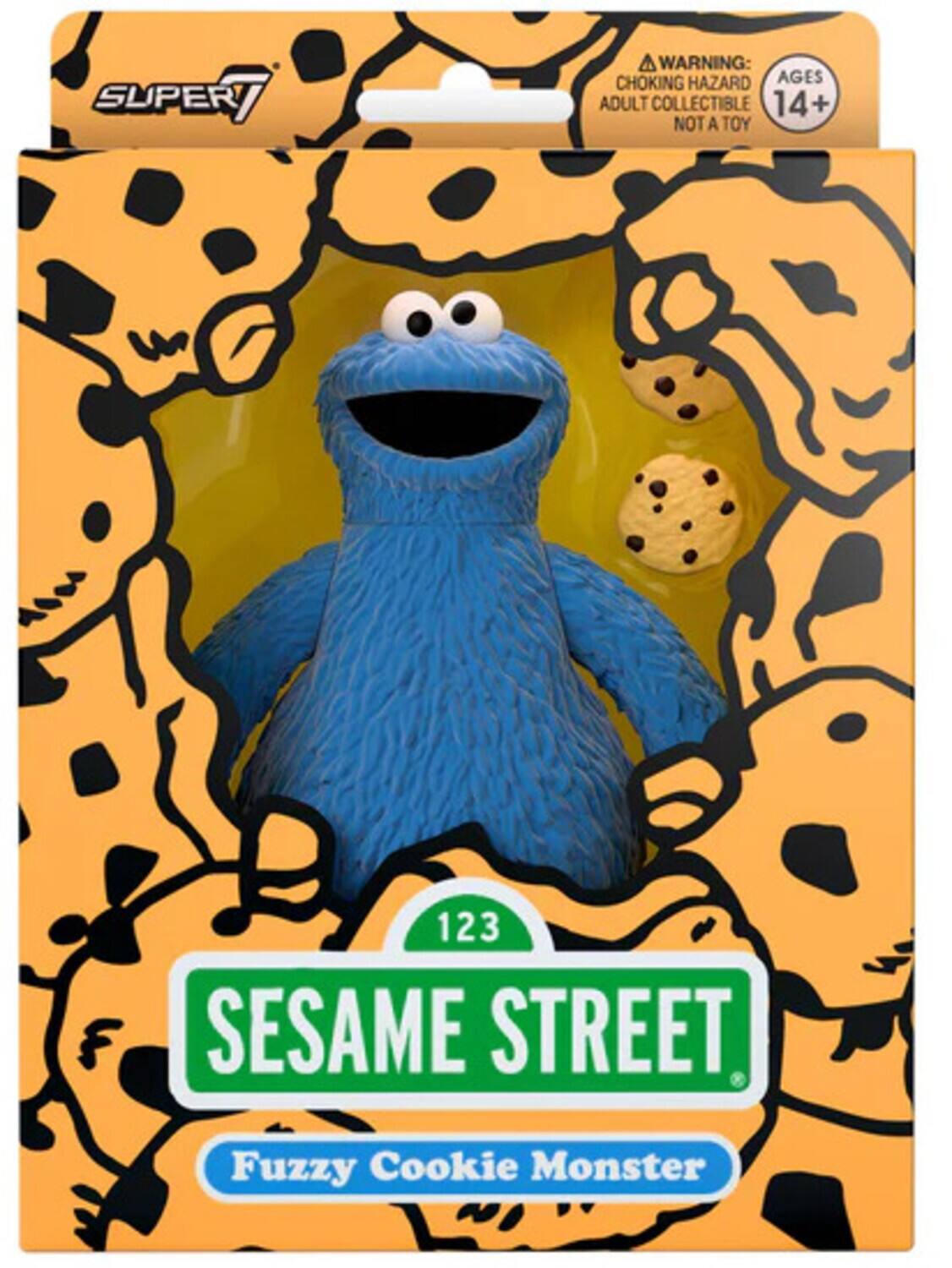 SUPER 7  
WARNING: CHOKING HAZARD  
AGES 14+  
ADULT COLLECTIBLE  
NOT A TOY  

123 SESAME STREET  
Fuzzy Cookie Monster