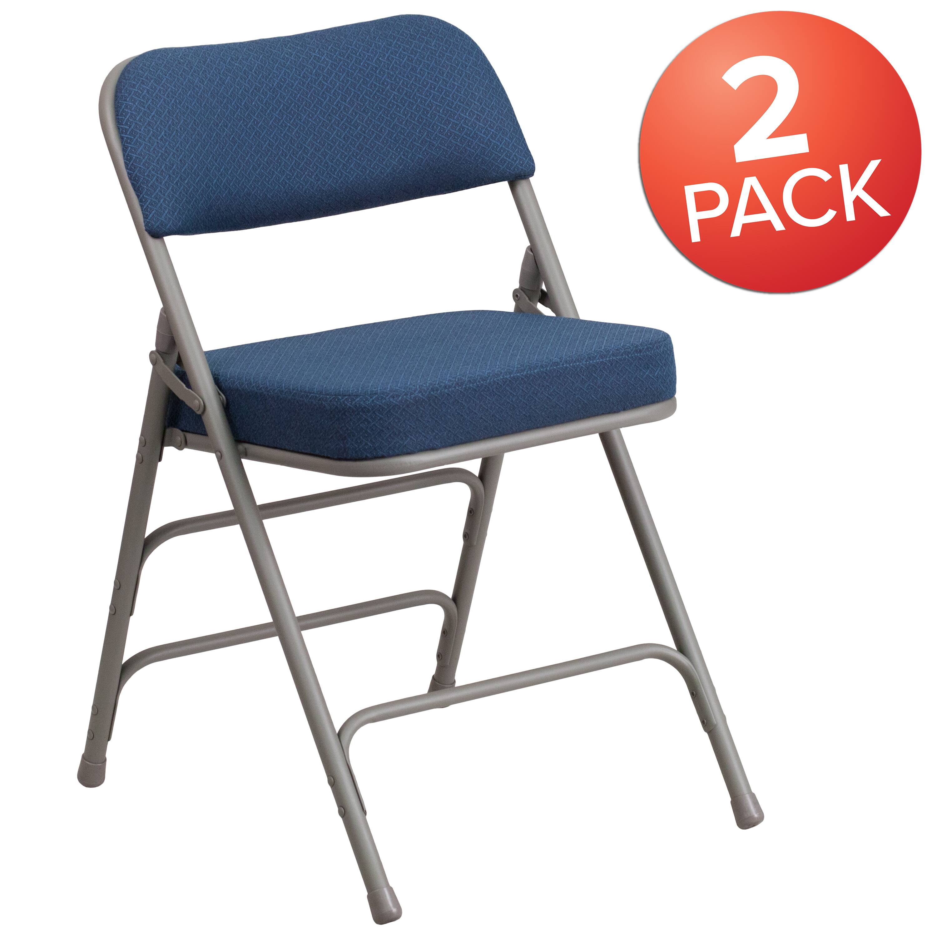 Alt View 1. Emma + Oliver - 2 Pack Premium Curved Triple Braced & Hinged Fabric Upholstered Metal Folding Chair - Navy.