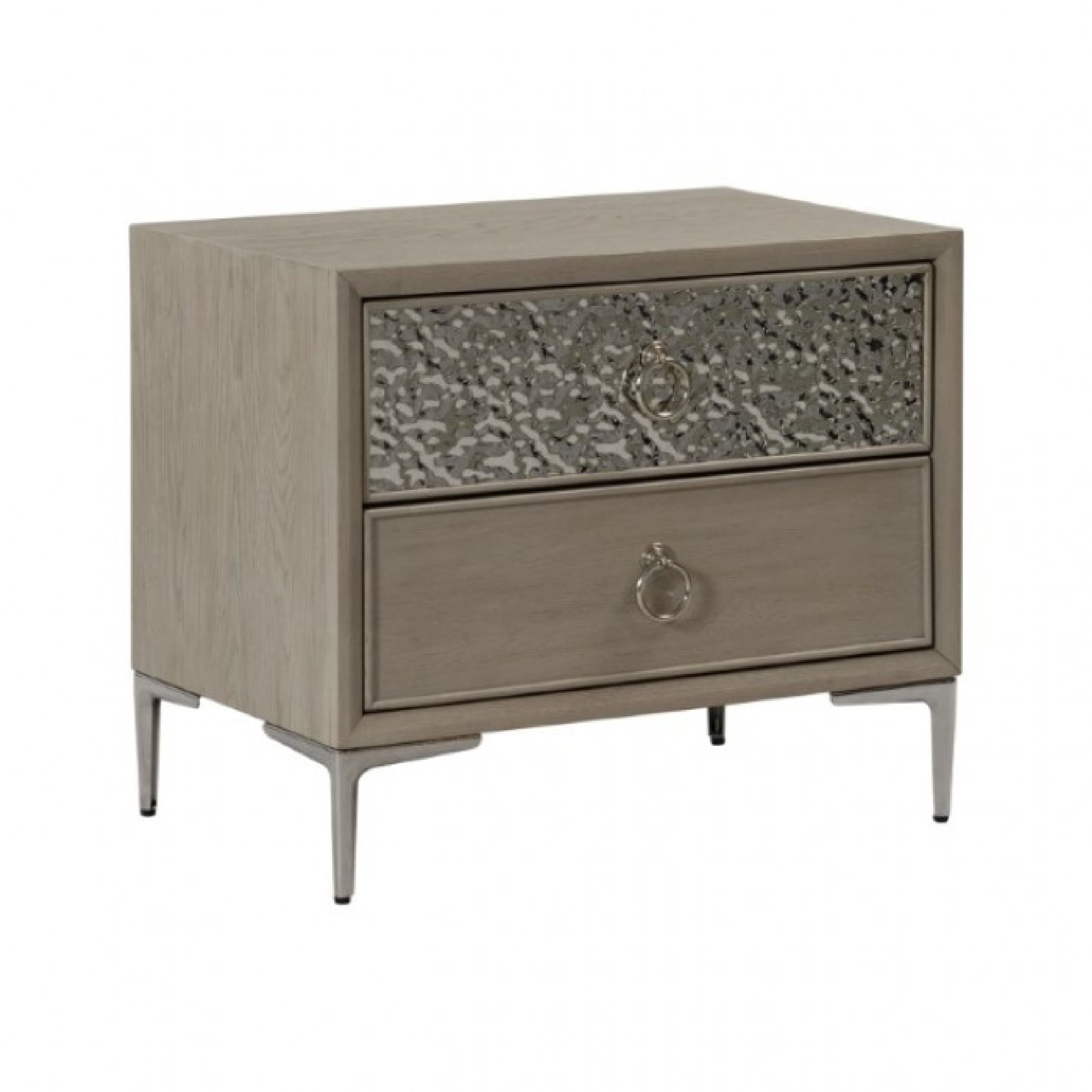 Manhattan Lane - Kaira Nightstand with 2 USB Ports, Textured Metal - Natural Oak Brown, Silver, Champagne