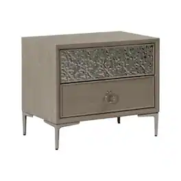 Manhattan Lane - Kaira Nightstand with 2 USB Ports, Textured Metal - Natural Oak Brown, Silver, Champagne