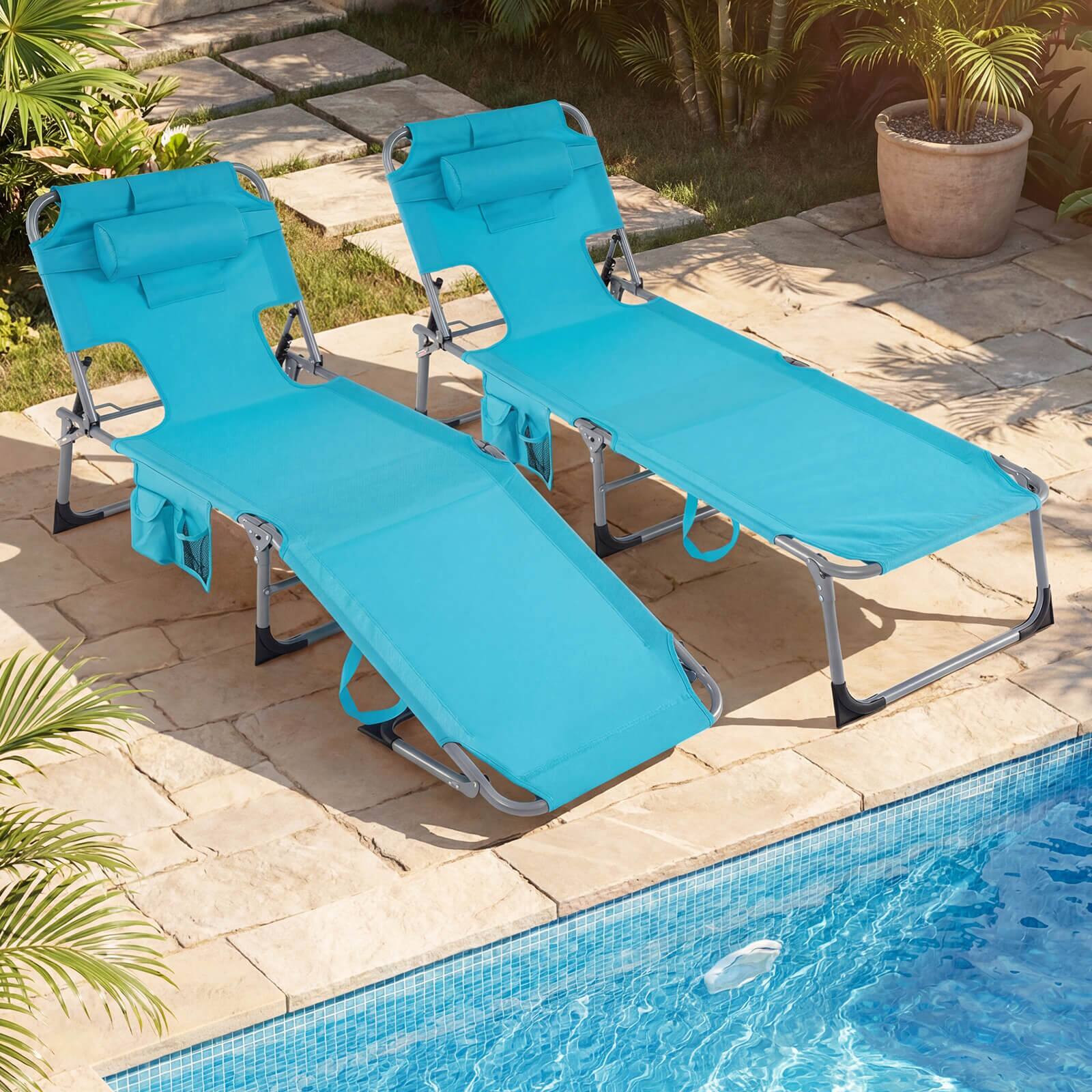 Alt View 3. Costway - Costway Set of 2 Beach Chaise Lounge Chair Folding Reclining Chair w/ Facing Hole - Turquoise.