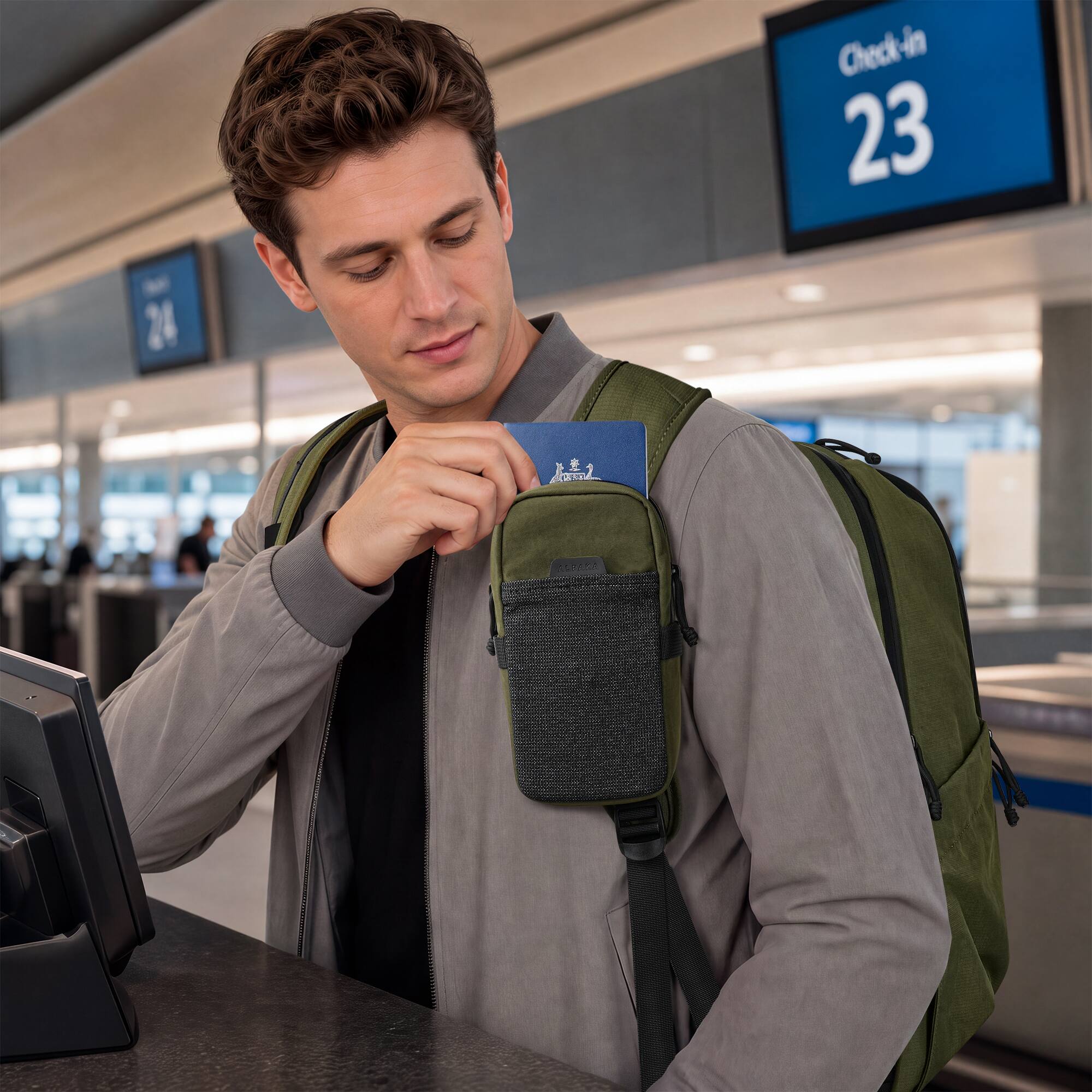 Angle. ALPAKA - Elements Backpack Pro & Modular Shoulder Pocket Max Bundle, 16" Laptop Travel Backpack with Phone & Passport Access - Green Axoflux 400D Ripstop Nylon.