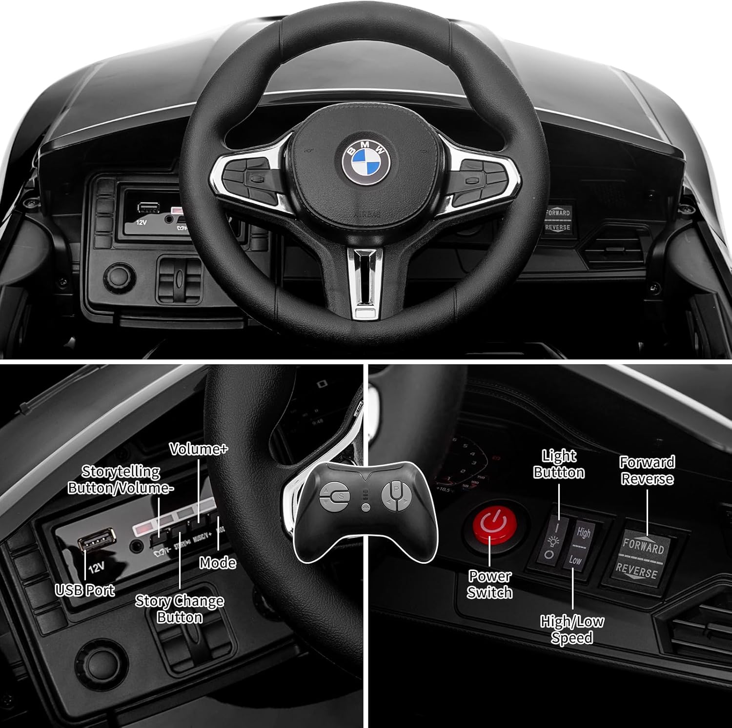 - BMA M BS W 12V ORRARO YLERE
- Volume+ Storytelling Button/Volume-
- 4 Light Button Forward Reverse
- PEPT RSC
- 12V Mode USB Port Story Change Button
- High FORWARD Low Power REVERSE Switch
- High/Low Speed

- Volume+
- Storytelling Button/Volume-
- Mode
- USB Port
- Story Change Button
- Light Button
- Forward Reverse
- Power Switch
- High/Low Speed
- High
- Low
- FORWARD
- REVERSE