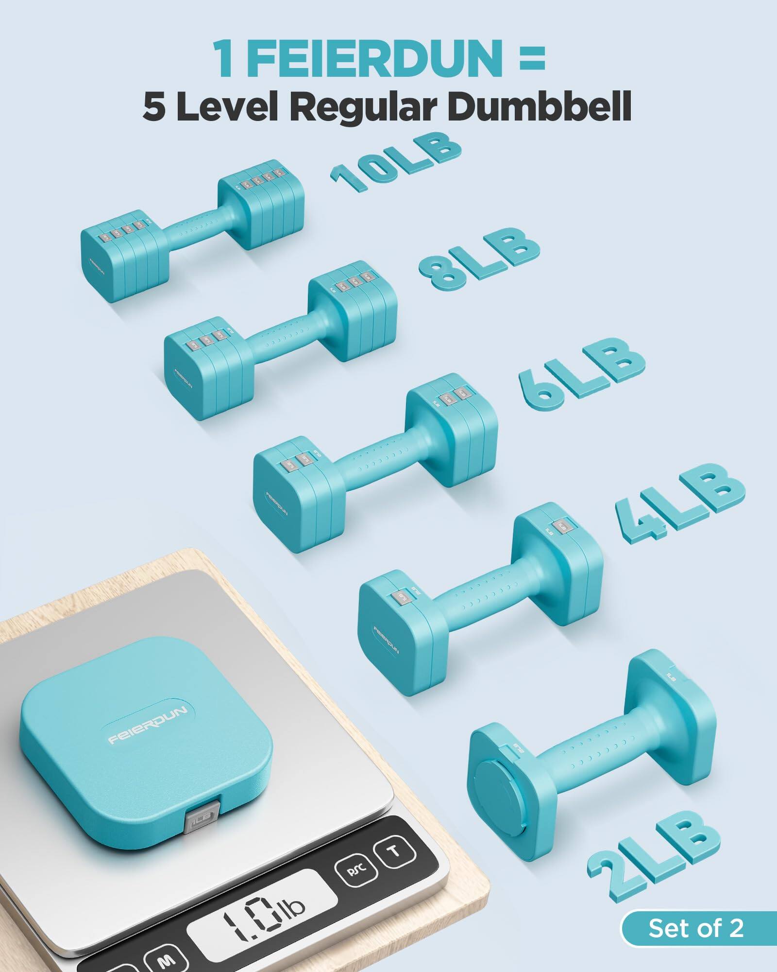 1 FEIERDUN = 5 Level Regular Dumbbell  
10LB  
8LB  
6LB  
4LB  
2LB  
Set of 2
