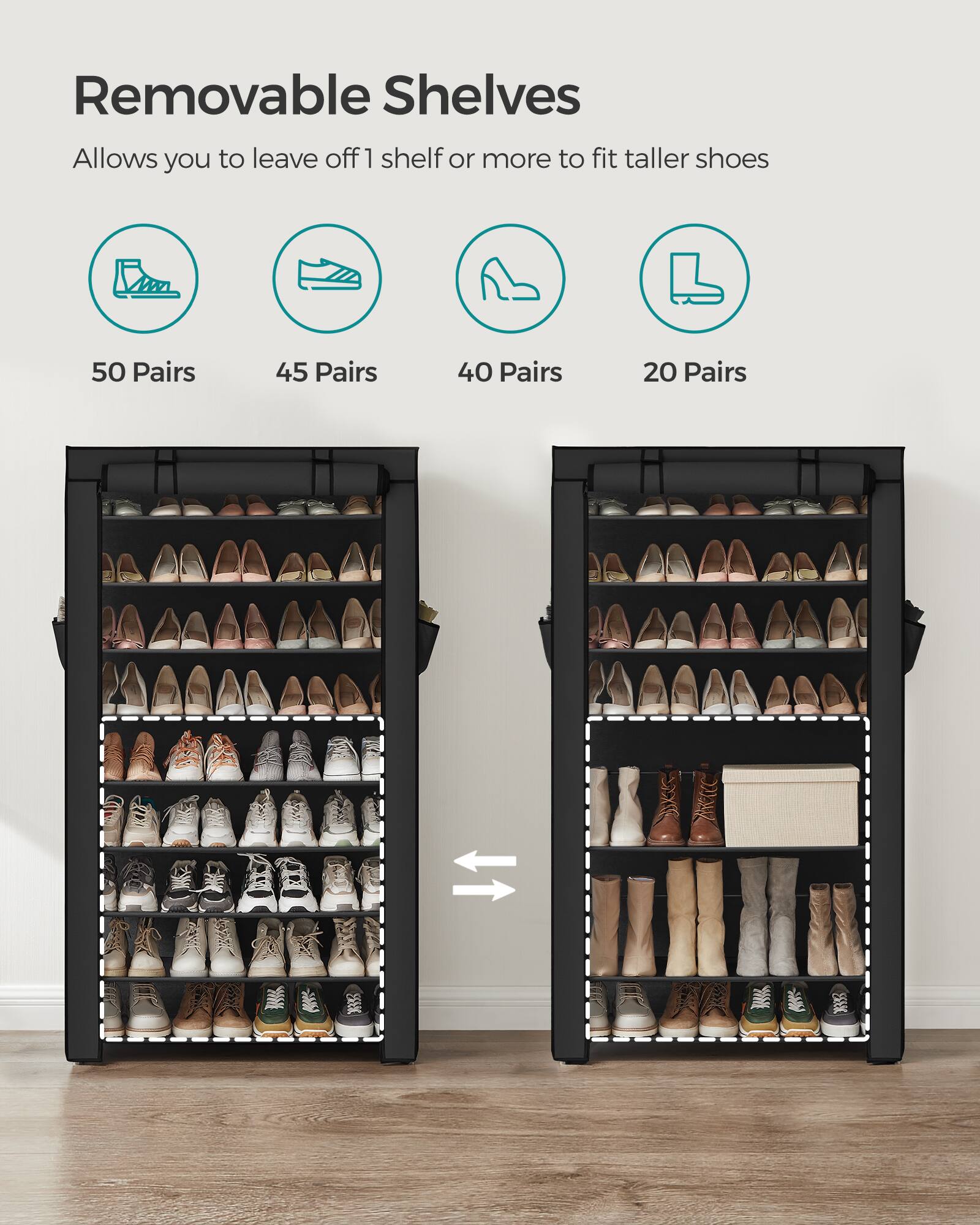 Removable Shelves  
Allows you to leave off 1 shelf or more to fit taller shoes

50 Pairs  
45 Pairs  
40 Pairs  
20 Pairs
