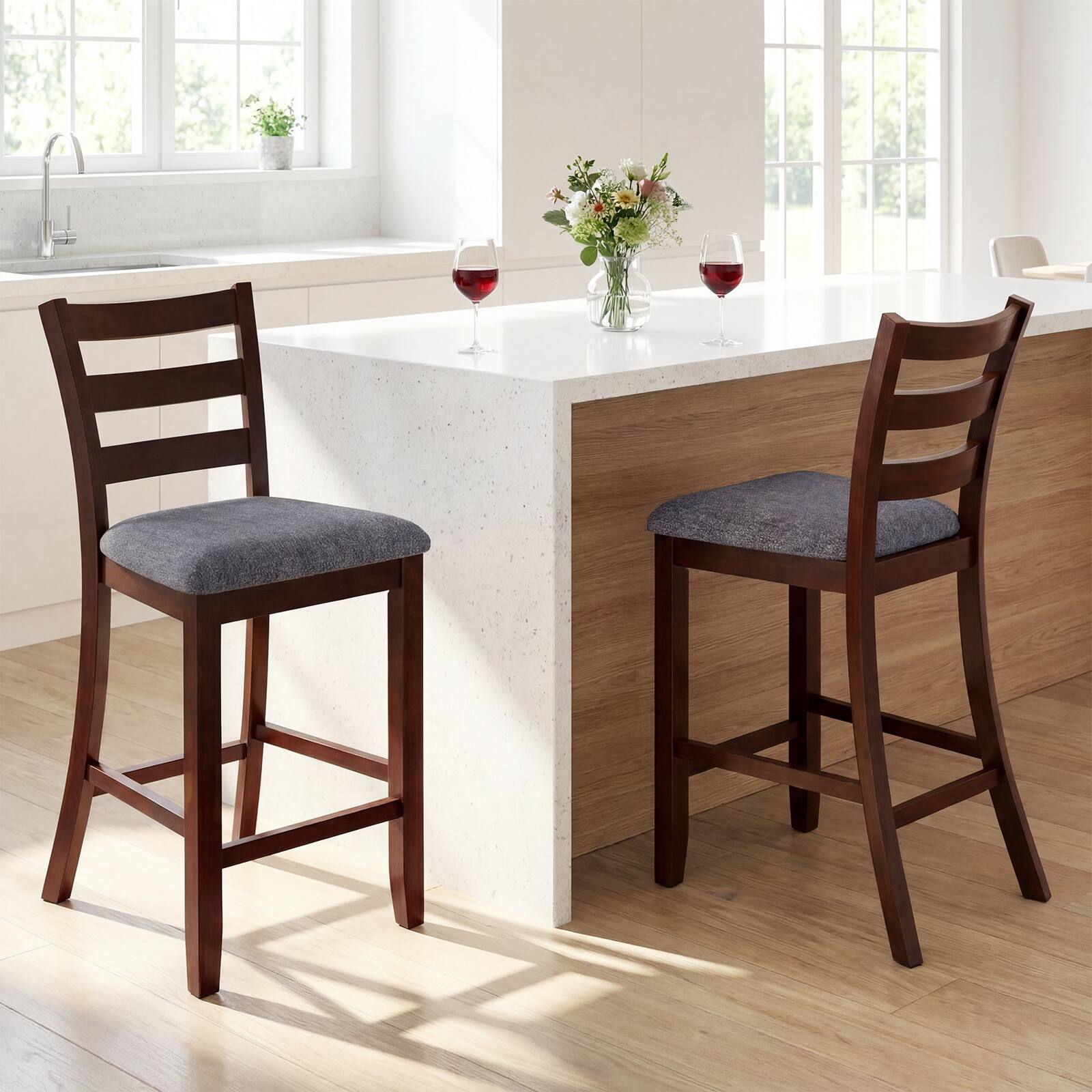 Alt View 1. Costway - Costway Set of 2 Barstools Counter Height Chairs w/Fabric Seat & Rubber Wood Legs - Grey,Brown.