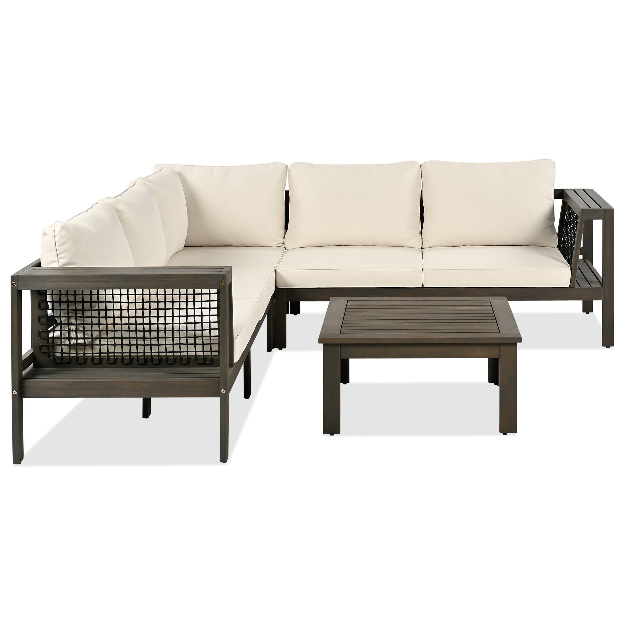 Alt View 6. Mondawe - 4 Pieces Outdoor Acacia Wood L-Shaped Sofa Set with Woven Mesh Armrests - Beige+Brown.