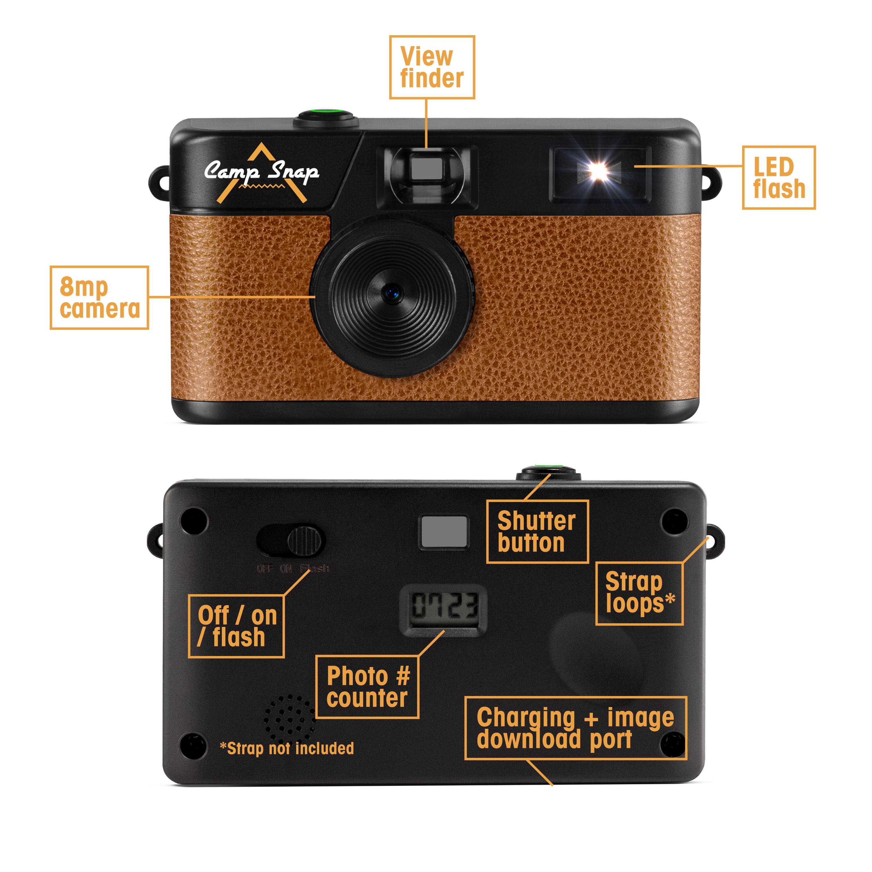 - View finder
- Camp Snap
- 8mp camera
- LED flash
- Shutter button
- Off / on / flash
- Photo # counter
- Strap loops*
- Charging + image download port
- *Strap not included