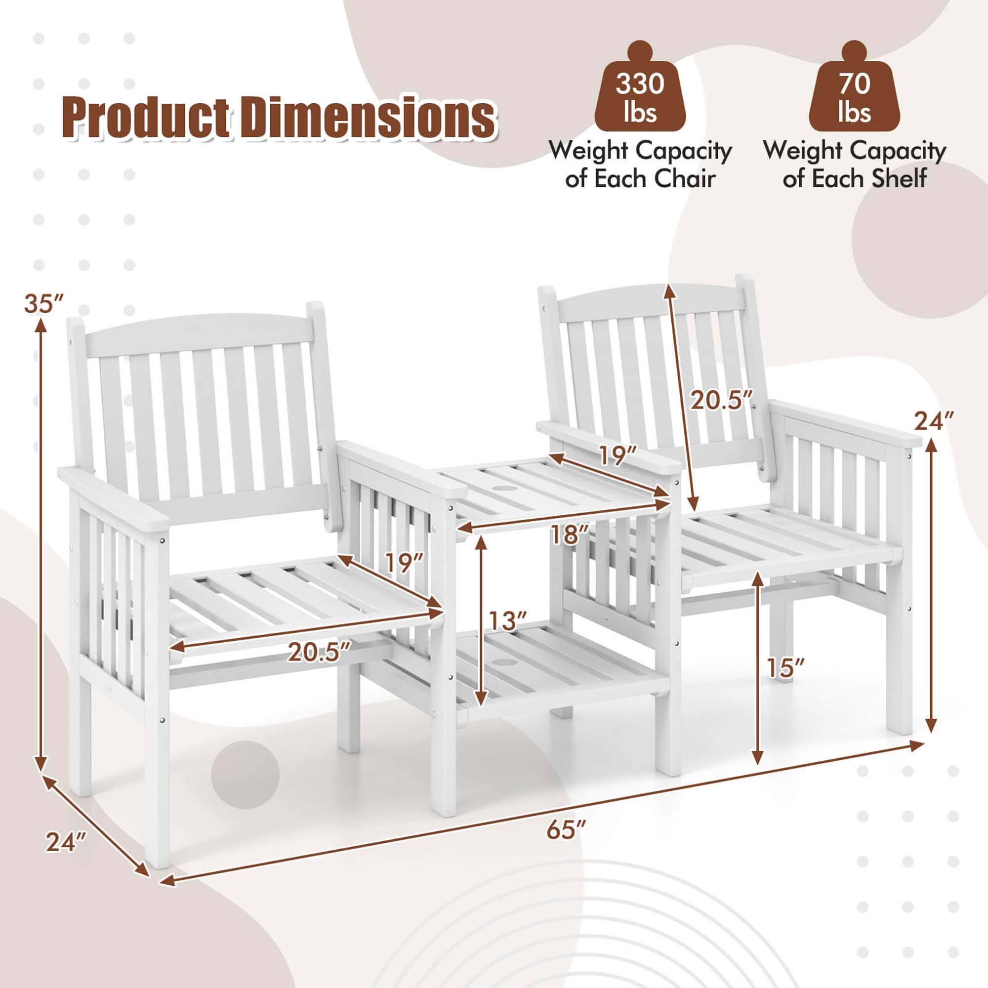 Product Dimensions  
Weight Capacity of Each Chair: 330 lbs  
Weight Capacity of Each Shelf: 70 lbs  

35"  
24"  
20.5"  
19"  
13"  
18"  
20.5"  
19"  
24"  
15"  
65"