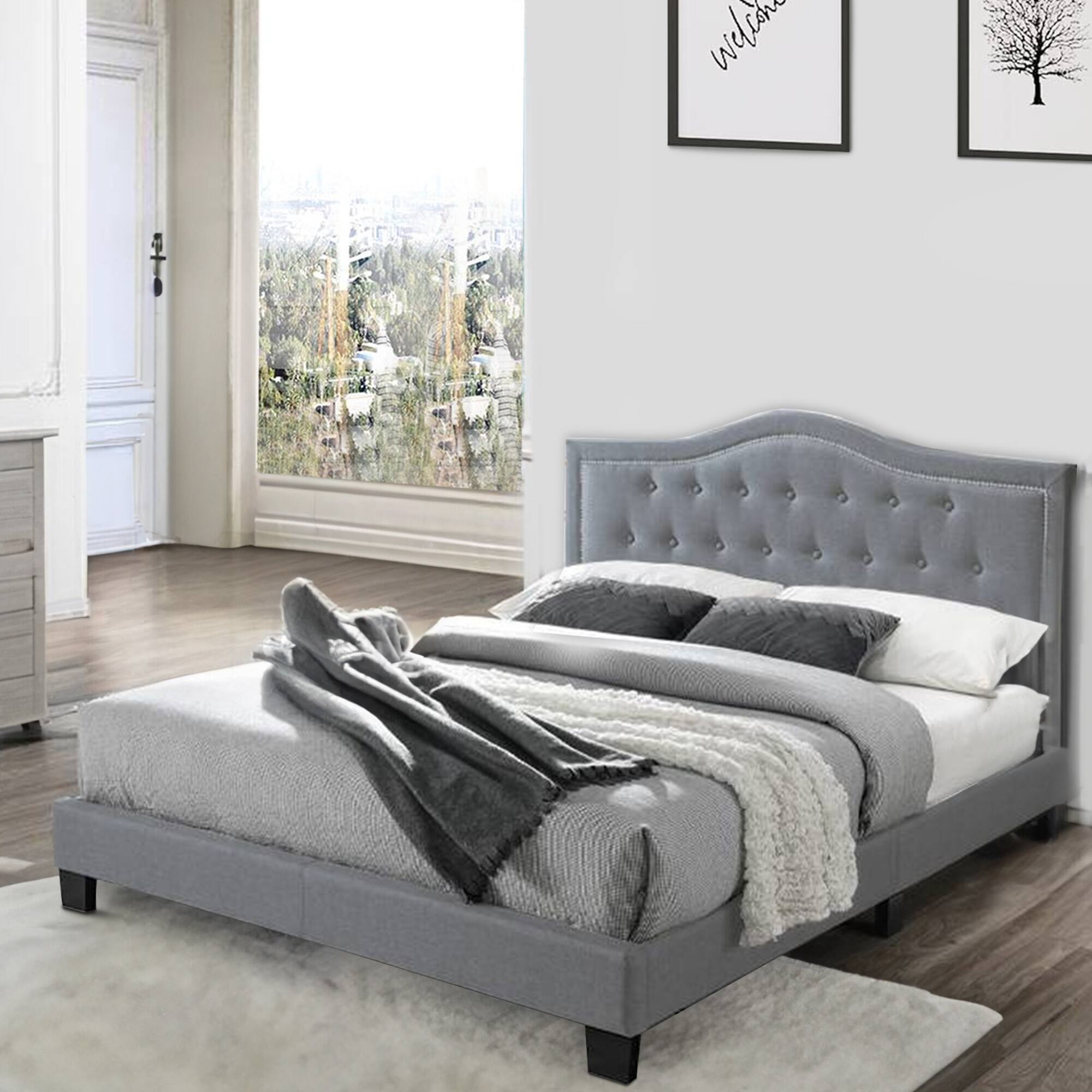 Alt View 5. Manhattan Lane - Button Tufted Queen Velvet Bed with Curved Headboard - Gray.