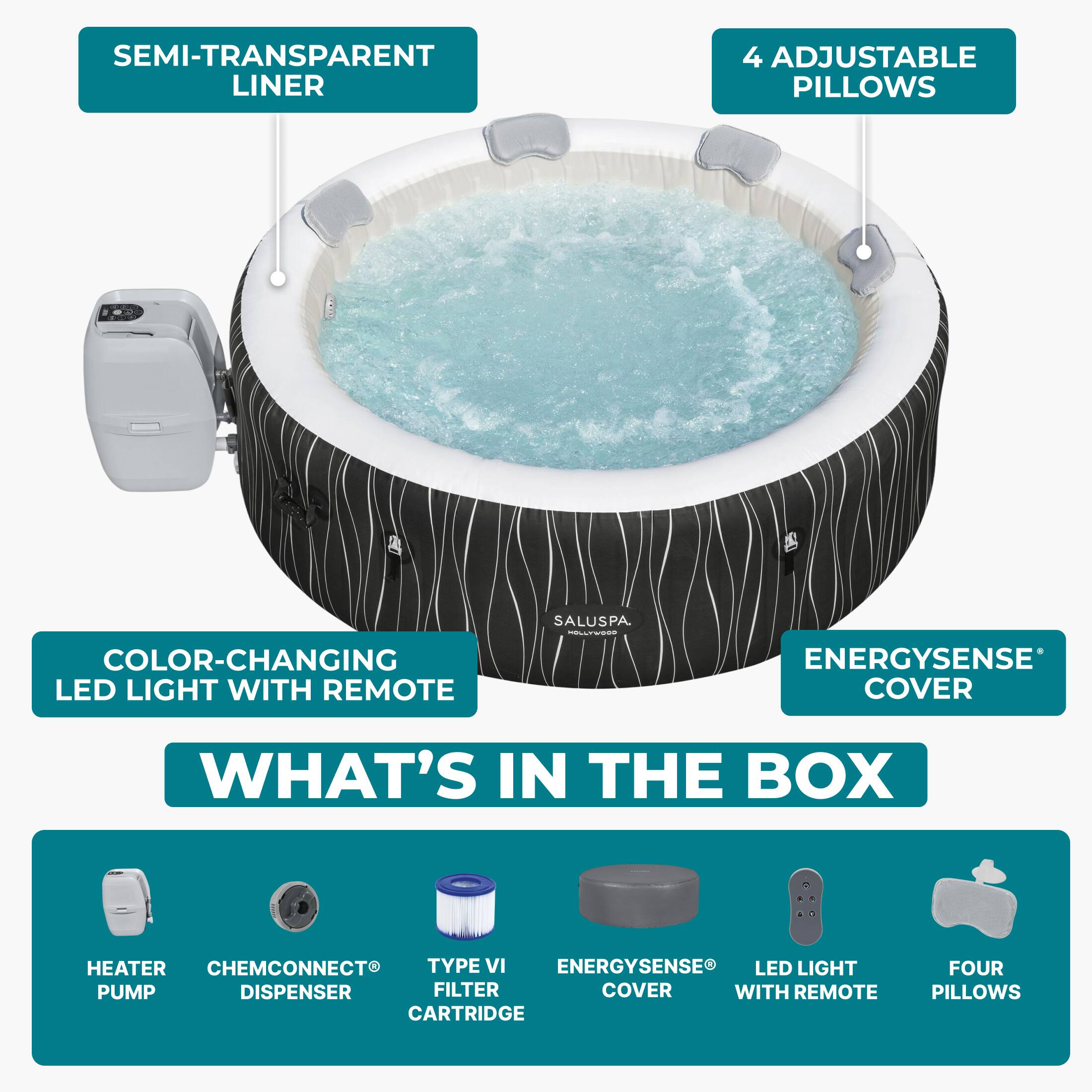 SEMI-TRANSPARENT LINER  
4 ADJUSTABLE PILLOWS  
COLOR-CHANGING LED LIGHT WITH REMOTE  
ENERGYSENSE COVER  

WHAT'S IN THE BOX  
HEATER PUMP  
CHEMCONNECT® DISPENSER  
TYPE VI FILTER CARTRIDGE  
ENERGYSENSE® COVER  
LED LIGHT WITH REMOTE  
FOUR PILLOWS