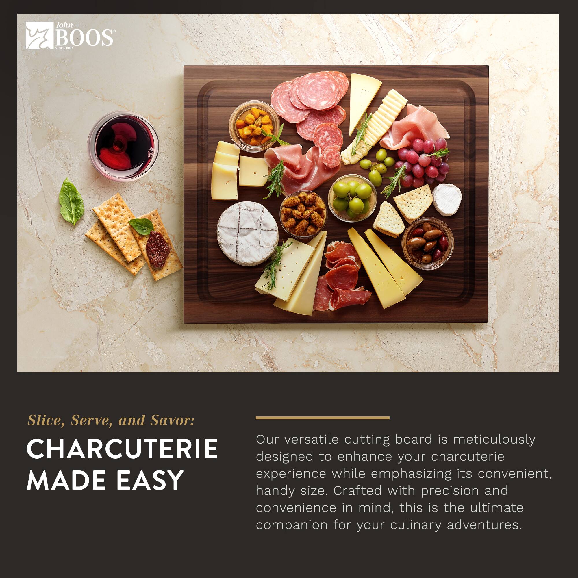 Slice, Serve, and Savor:  
CHARCUTERIE MADE EASY  

Our versatile cutting board is meticulously designed to enhance your charcuterie experience while emphasizing its convenient, handy size. Crafted with precision and convenience in mind, this is the ultimate companion for your culinary adventures.