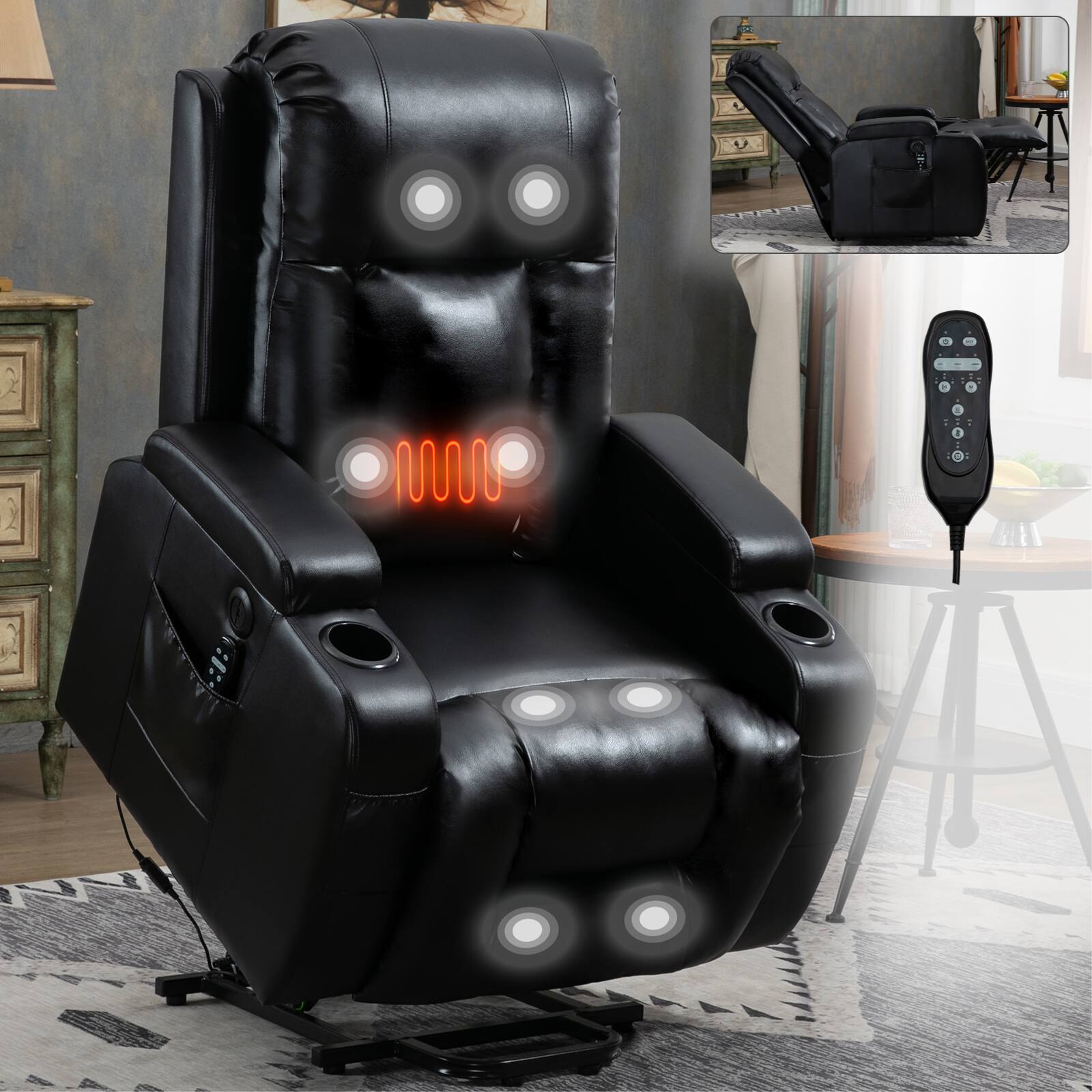 Front. Aukfa - Single Motor Power Lift Recliner - 350LBS Capacity, Infinite Positions, 8-Point Massage & Heat, USB Port - Black.