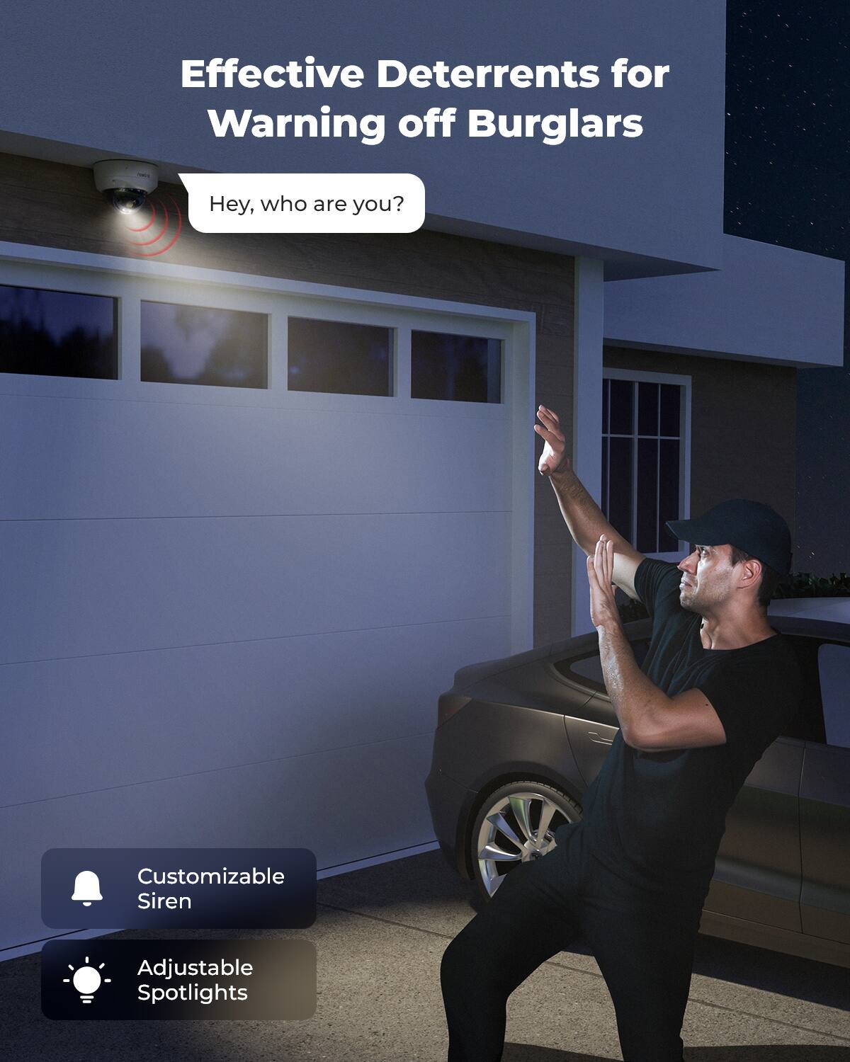 Effective Deterrents for Warning off Burglars

Hey, who are you?

Customizable Siren

Adjustable Spotlights