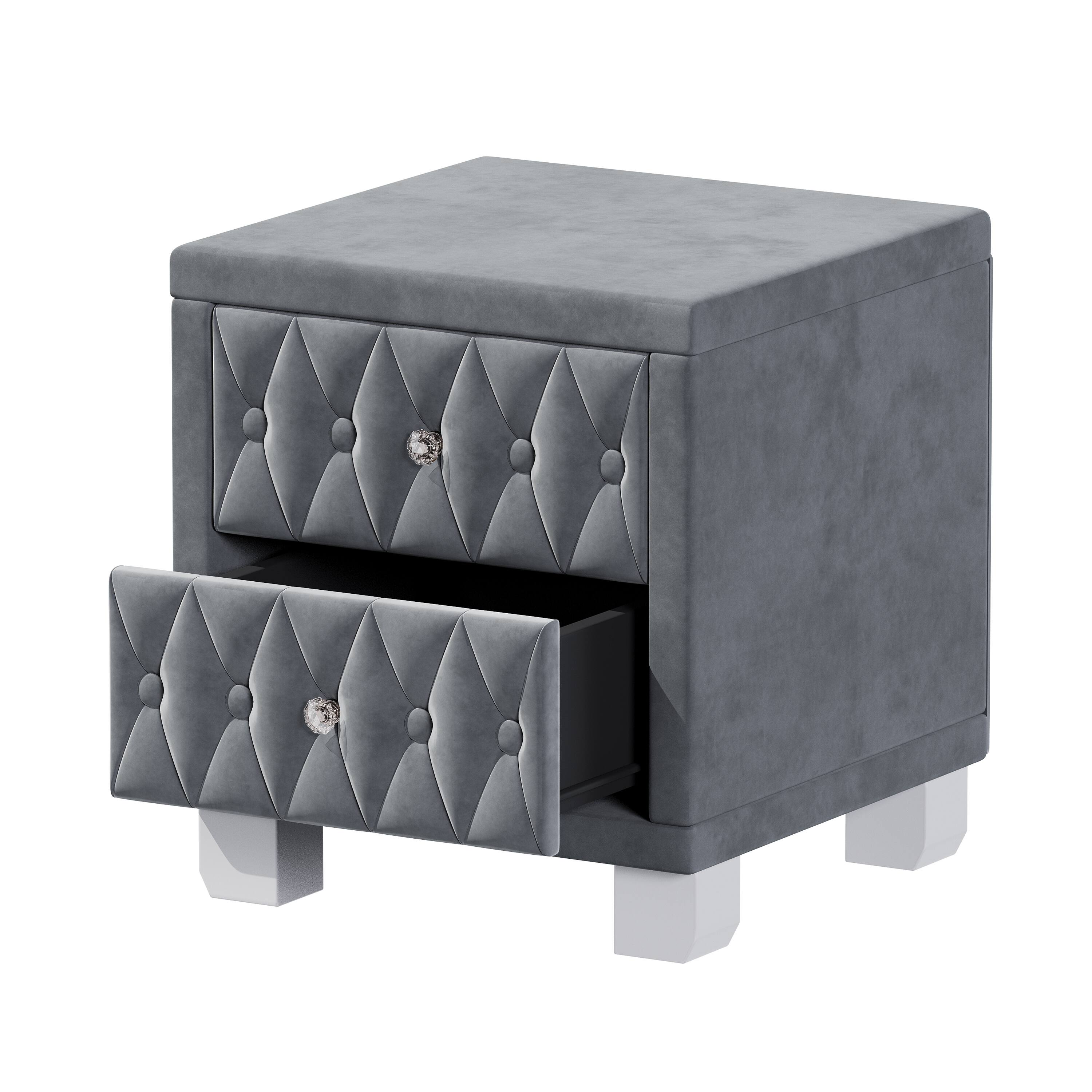 Alt View 2. Tiramisubest - Elegant Velvet Nightstand with 2 Drawers and Crystal Handle, Storage Bedside Table with Button-Tufted, Grey - Grey.