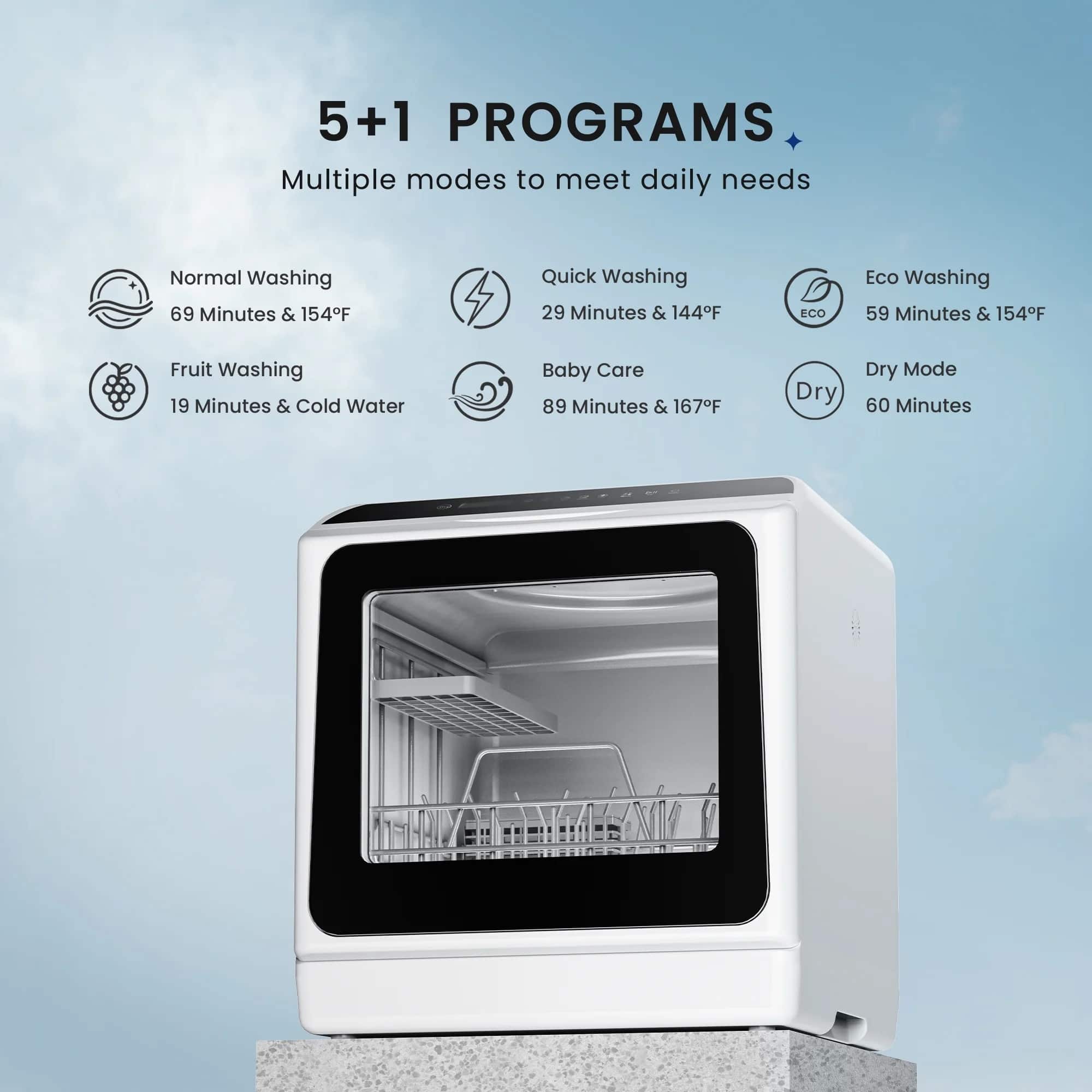 5+1 Programs: Multiple modes to meet daily needs
- Normal Washing: 69 Minutes & 154°F
- Quick Washing: 29 Minutes & 144°F
- Eco Washing: 59 Minutes & 154°F
- Fruit Washing: 19 Minutes & Cold Water
- Baby Care: 89 Minutes & 167°F
- Dry Mode: 60 Minutes