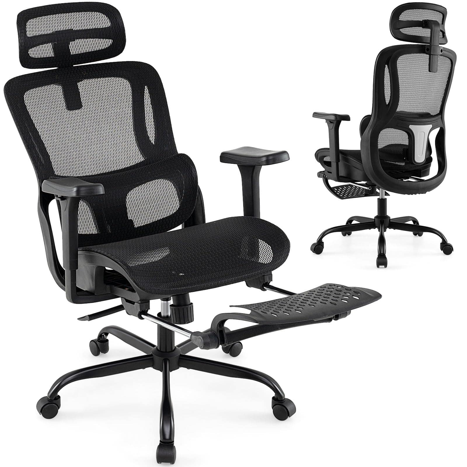 Ecooso - Ergonomic Office Chair with Rotating Headrest, Swivel Desk Chair with Lumbar Support - Black